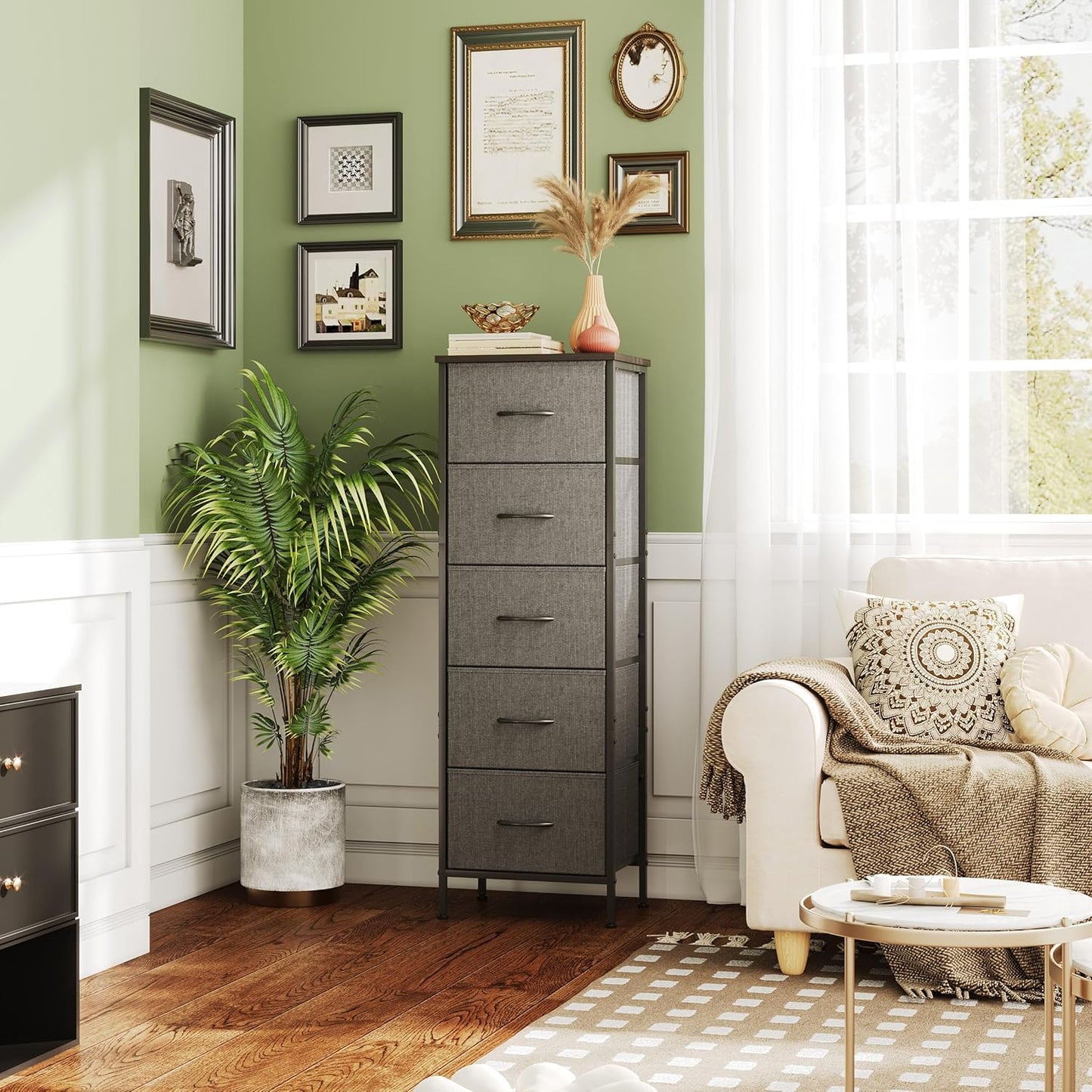 5-Drawer Tall Dresser for Bedroom, Fabric Dresser, Storage Dresser Organizer with Fabric Bins, Wood Top, Sturdy Steel Frame, Chest of Drawers for Closet, Hallway (Dark Grey)