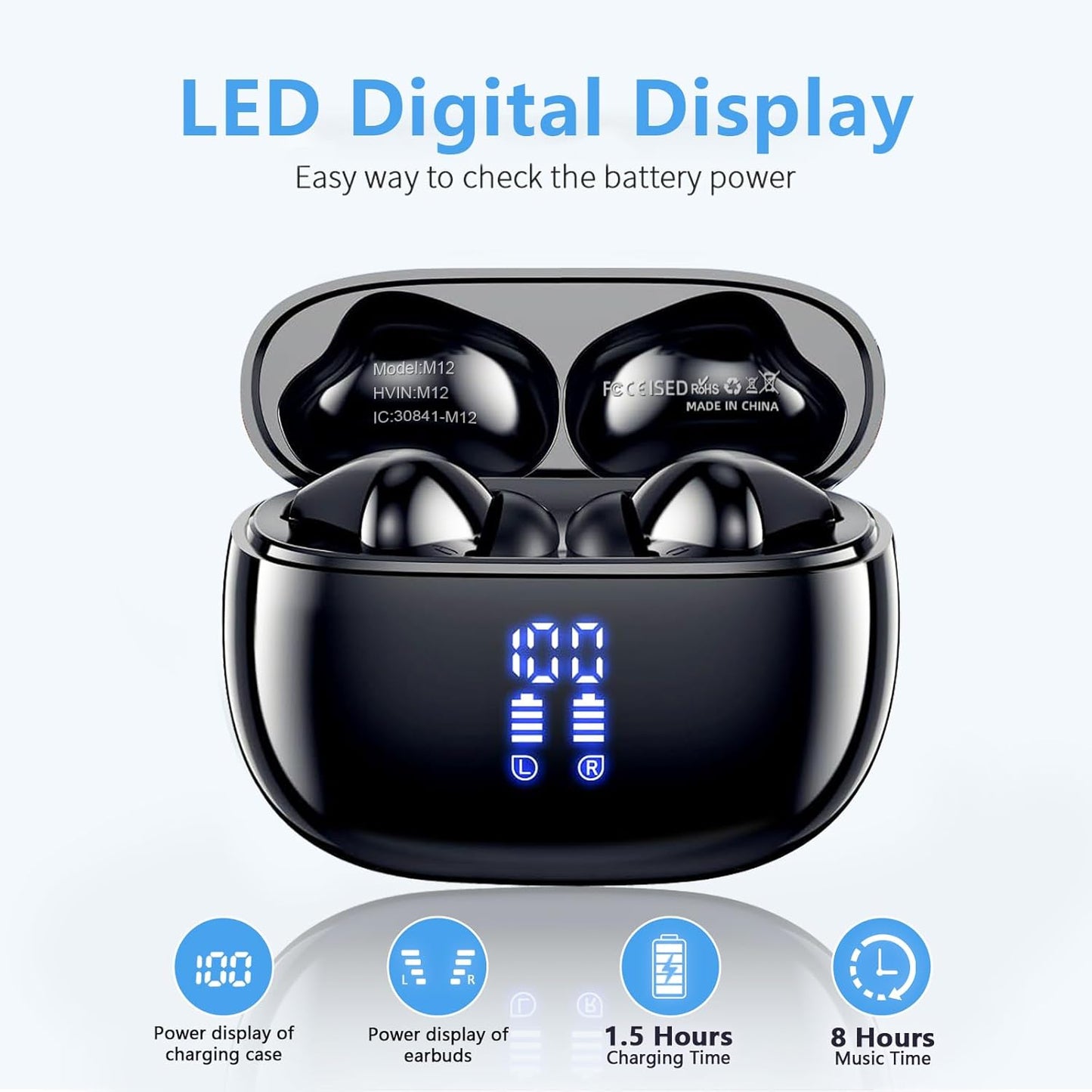 Wireless Earbuds with Bluetooth 5.3, 48 Hrs Playtime, LED Power Display Charging Case, IPX5 Waterproof, Deep Bass Stereo Sound, Mic