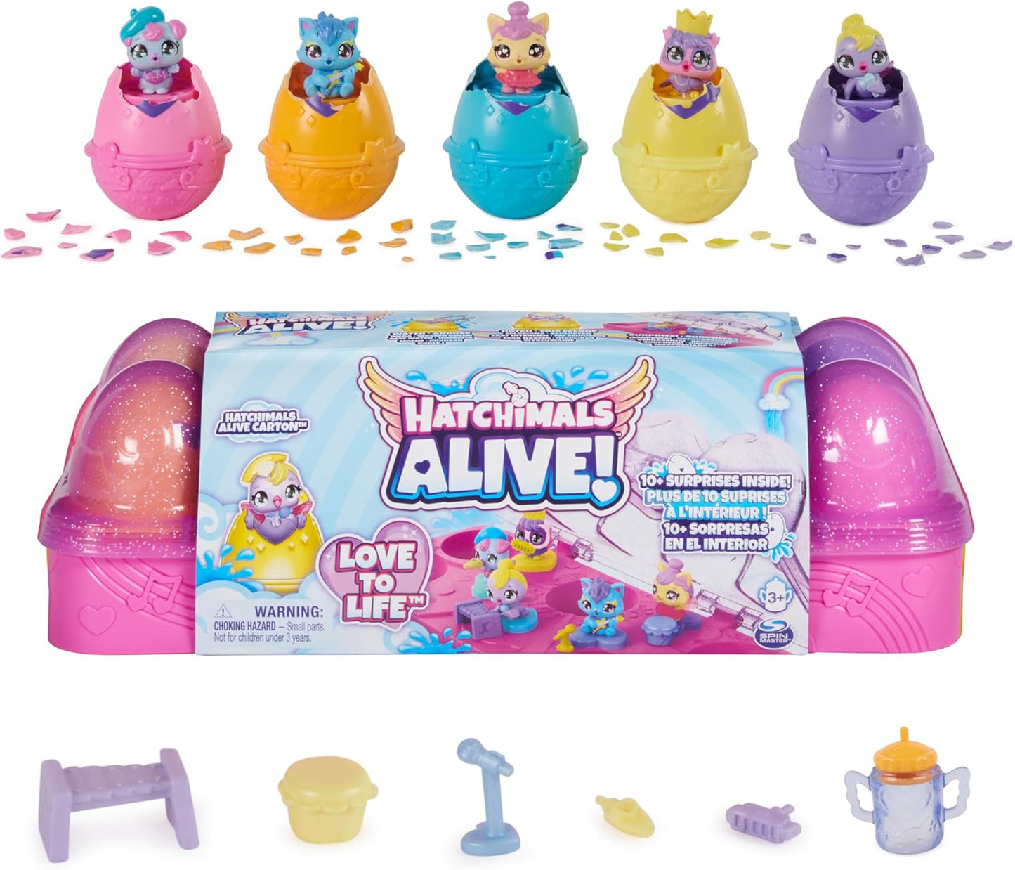 Alive Egg Carton Toy Set with 5 Mini Figures in Self-Hatching Eggs and 11 Accessories 3+