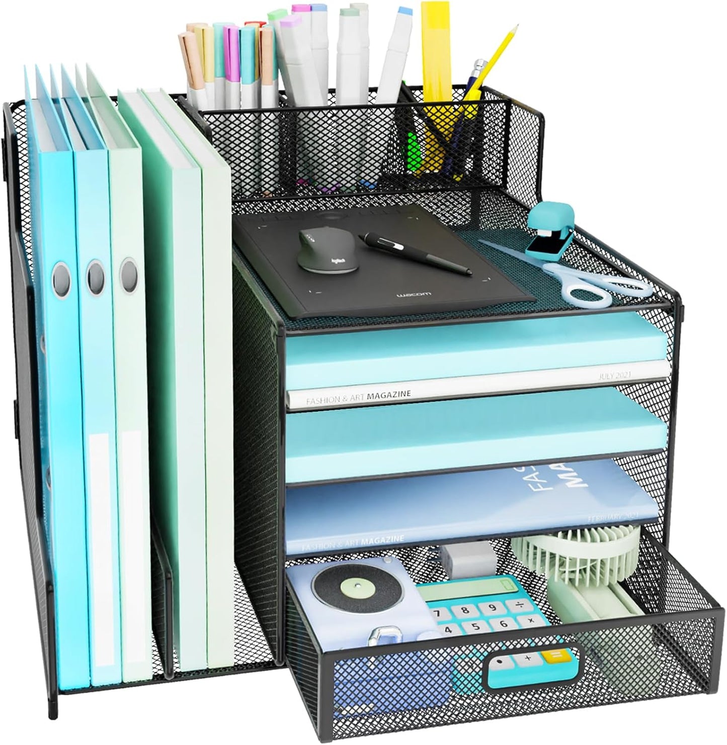 4-Tier Mesh Desk Organizer with File Holder, Drawer, and Pen Holders for Office Supplies