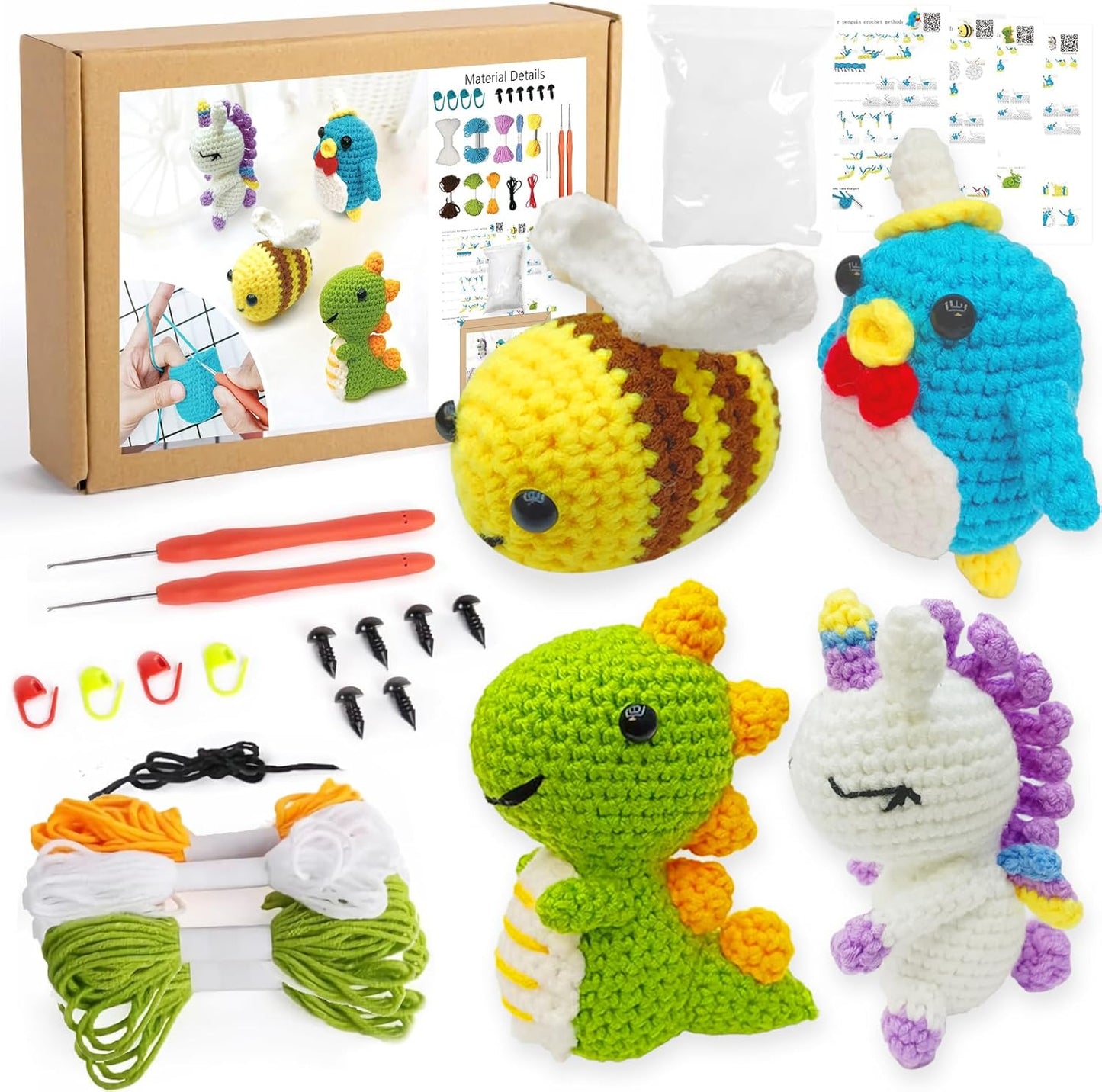Beginner's Crochet Kit: 4-Piece Animal Crochet Set with Step-by-Step Video Tutorials, Complete DIY Kit Including Yarn, Eyes, Stuffing, and Crochet Hook - Ideal Gift for All Ages