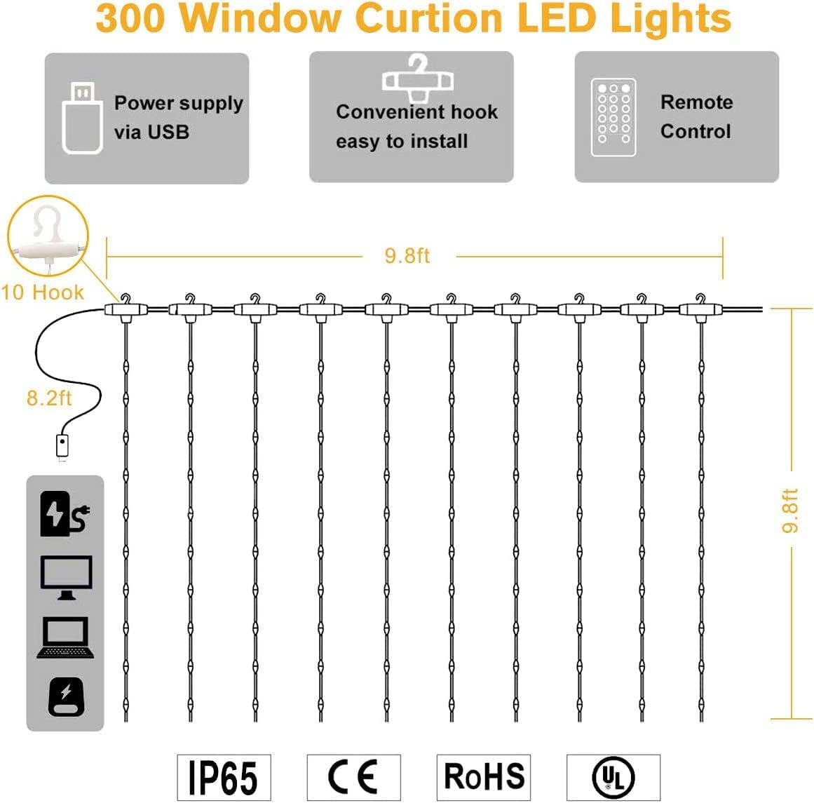 300 LED Warm White Curtain Fairy Lights with 8 Modes, USB Powered Icicle String Lights with Remote and Timer for Indoor and Outdoor Decoration (9.8 x 9.8 Ft)
