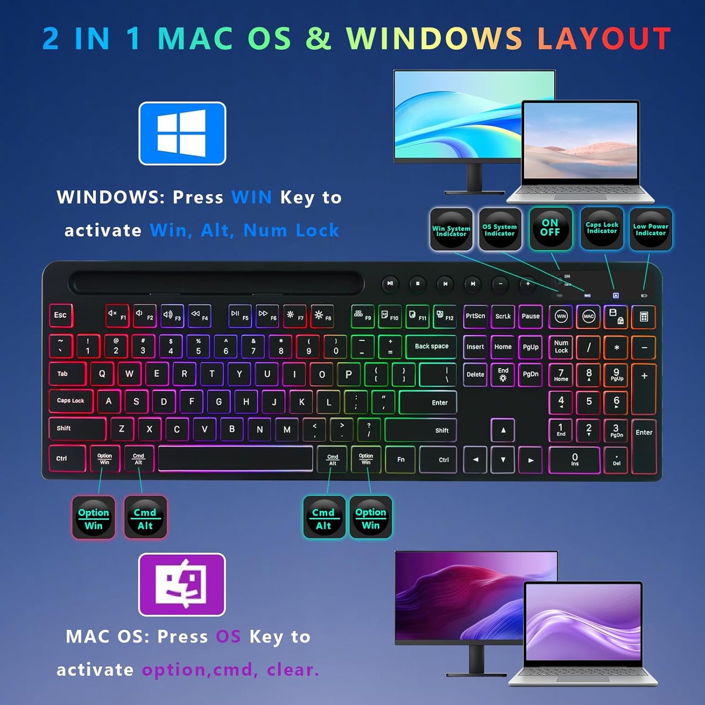 Backlit Wireless Keyboard and Mouse Set with Rechargeable Battery, Device Stand, RGB Lighting, and Dual Layout Compatibility