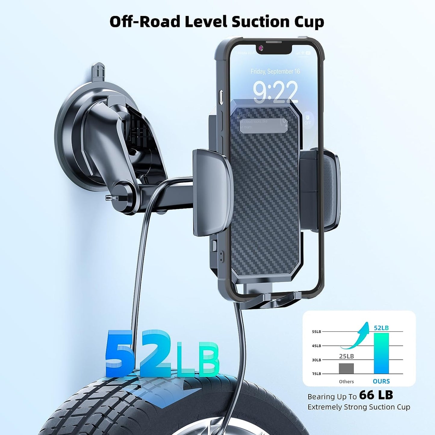 3-in-1 Universal Car Phone Holder with Off-Road Level Suction Cup and Clip - Dashboard, Windshield, and Vent Mount