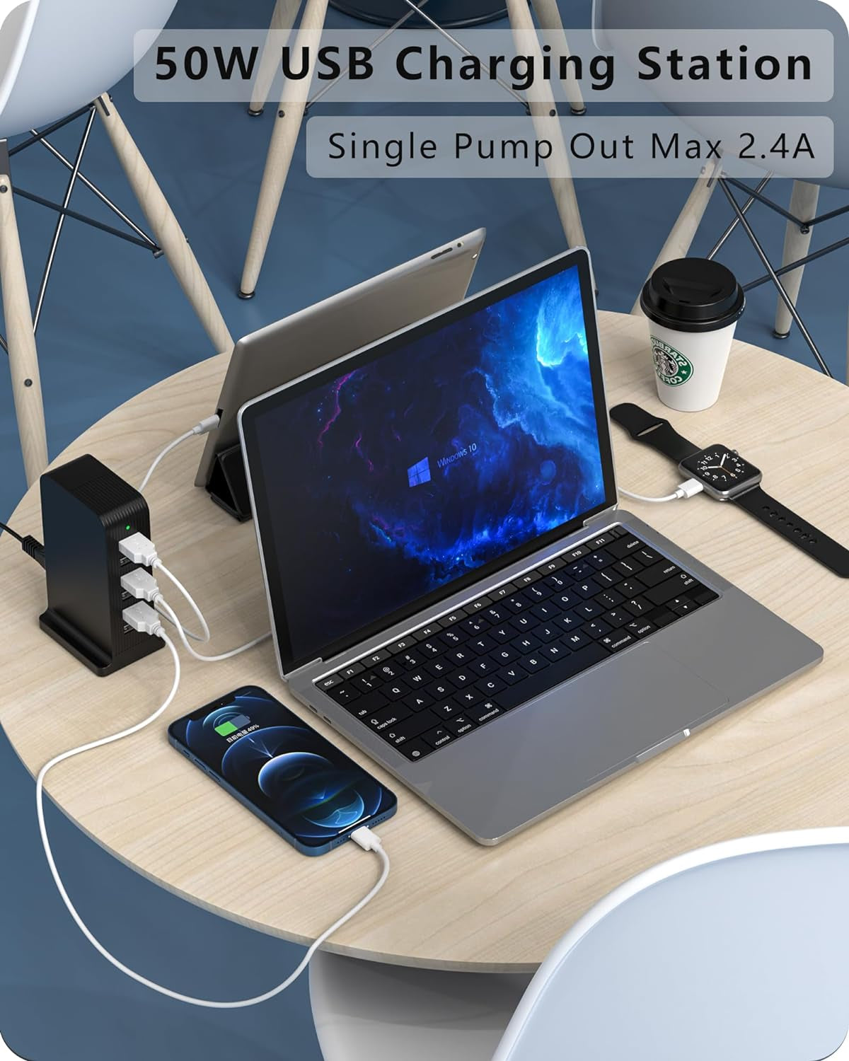 50W USB Tower Charging Station with 6 Ports, Multi-Device Charger (10A Shared), Black