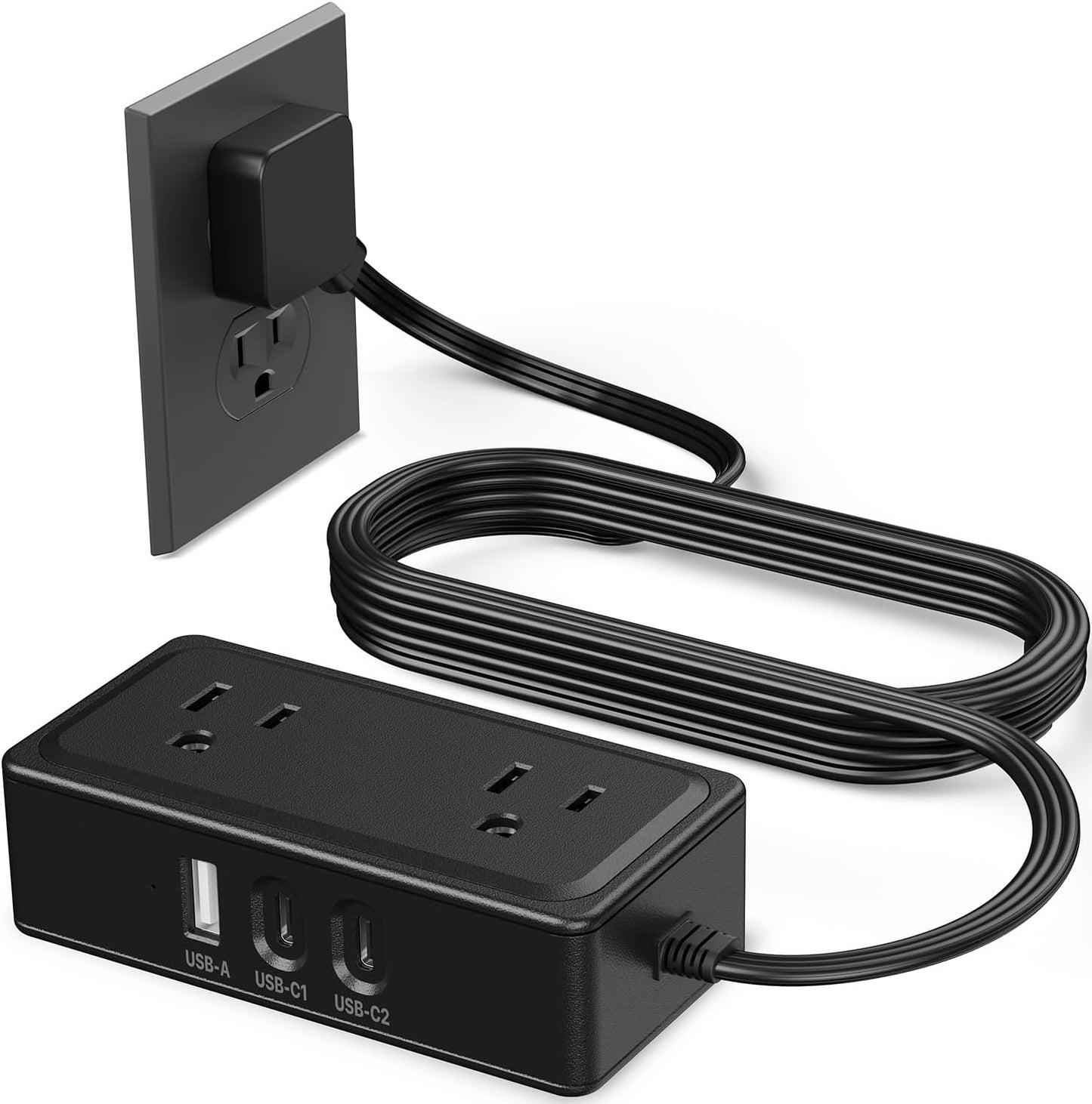 Ultra-Thin Flat Plug Power Strip with USB-C, 4FT Extension Cord, 2 Outlets and 3 USB Ports (2 USB-C),