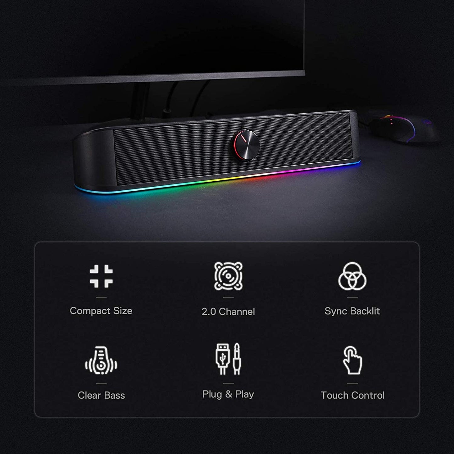 RGB Desktop Soundbar - 2.0 Channel Computer Speaker with Dynamic Audio-Light Sync, Touch-Control Backlit Volume Knob, USB Powered with 3.5mm Cable