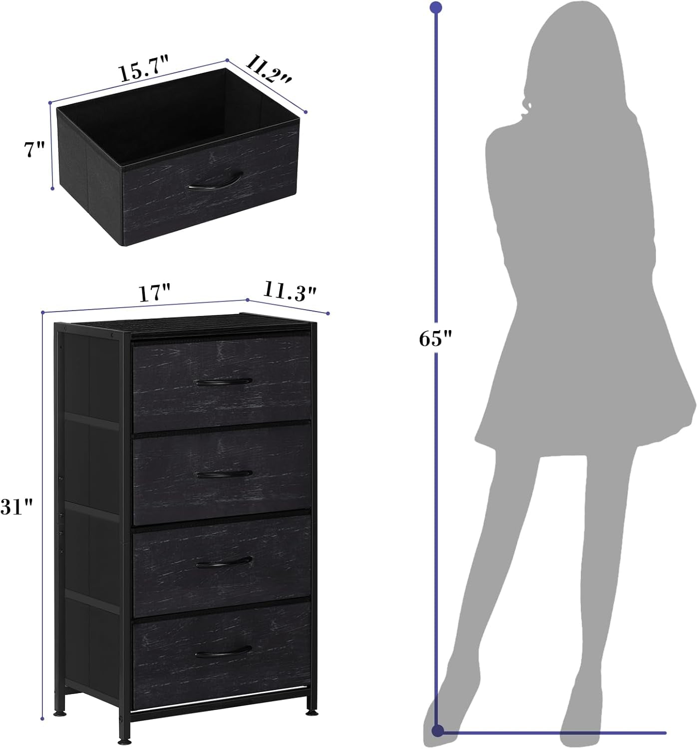 Dresser with 4 Drawers, Fabric Dressers for Bedroom, Small Chest of Drawers, Sturdy Steel Frame & Wood Top, Storage Drawers Tower for Bedroom, Hallway, Entryway, Closets, Oak Black
