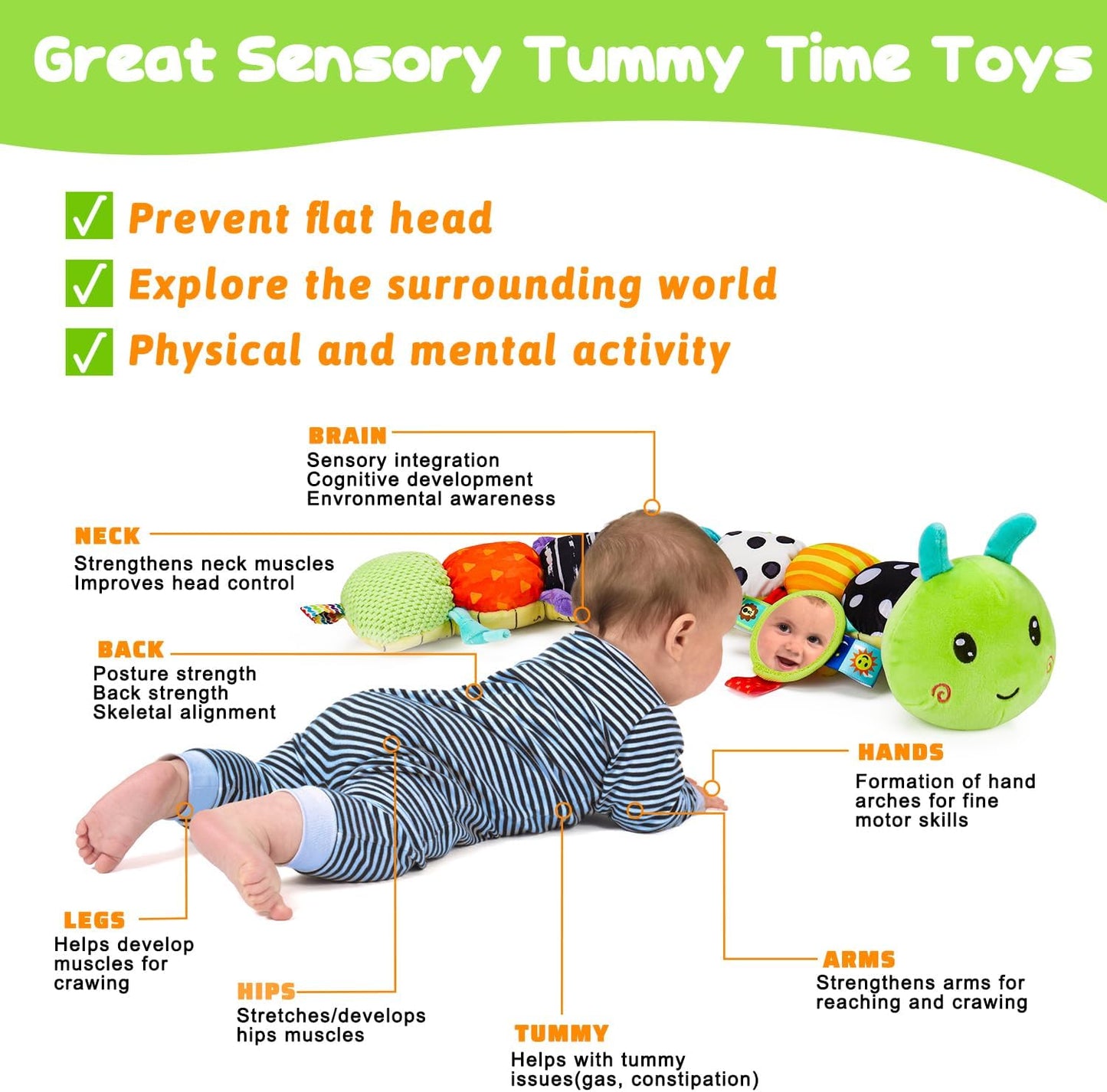 Caterpillar Musical Plush Toy for Infants 0-12 Months - Multi-Sensory Crinkle, Teether, and Rattle Features