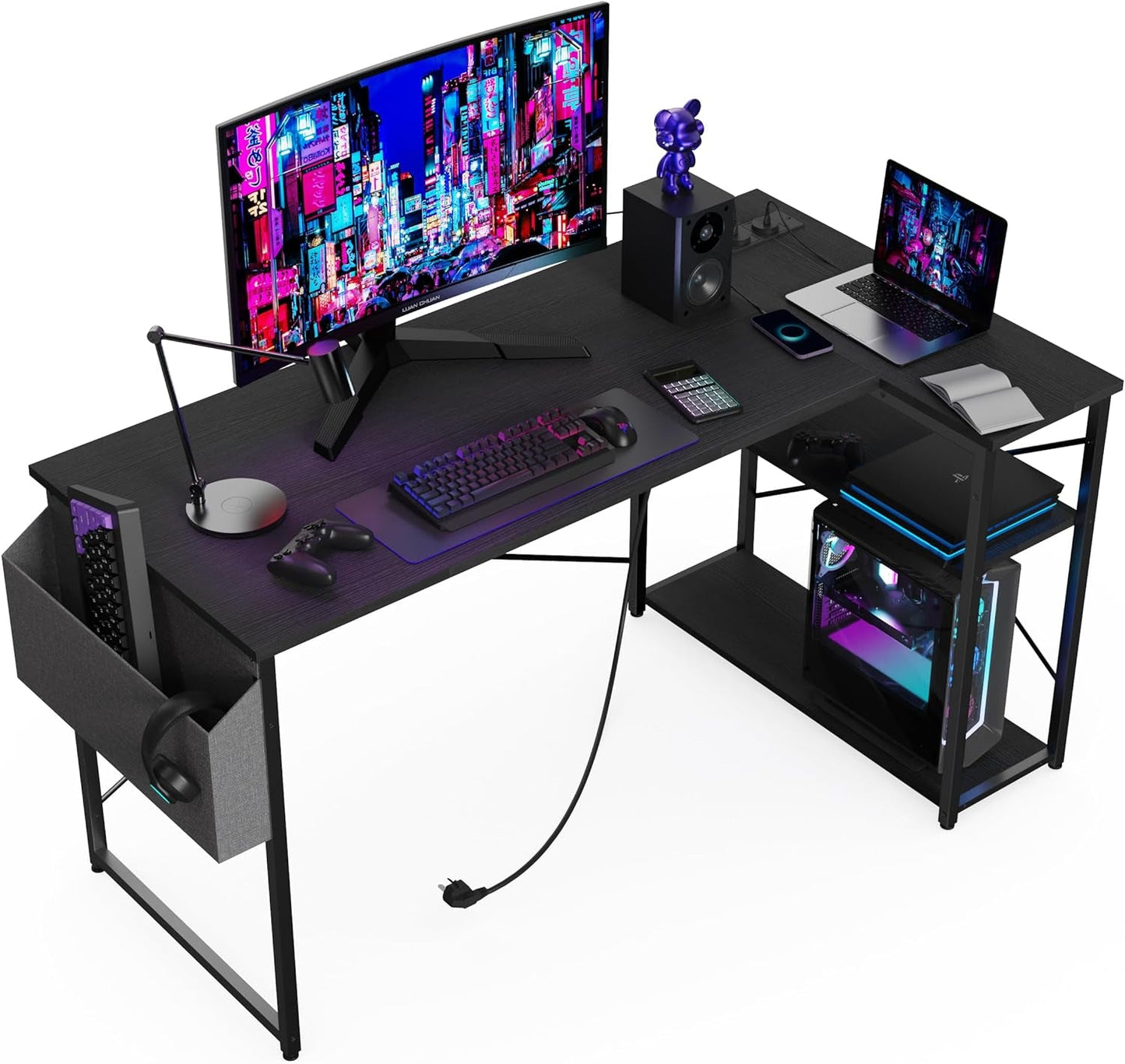 L-Shaped Computer Desk with Power Outlets, 40-Inch Reversible Shelves - Gaming and Home Office Use in Small Spaces, White