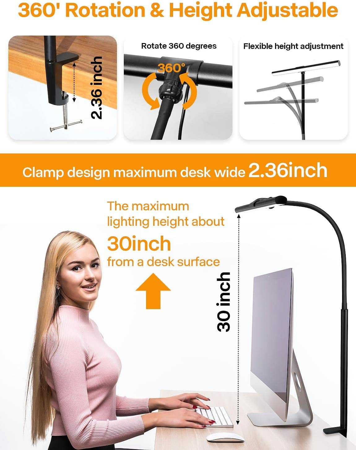 Adjustable LED Desk Lamp with 25 Lighting Modes - Eye-Caring Architect Task Lamp with Flexible Gooseneck Clamp (Black)