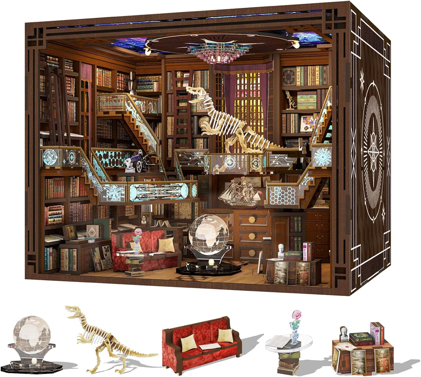 Book Nook Kit, DIY Miniature Dollhouse Booknook Kit, 3D Wooden Puzzle Bookend Bookshelf Insert Decor with LED Light for Teens and Adults (Beyond Library)