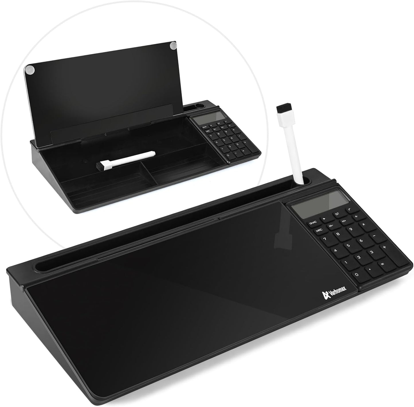 Dry Erase Glass Desk Whiteboard with Storage Caddy - Desktop Memo Notepad for Home Office and School (Gray)