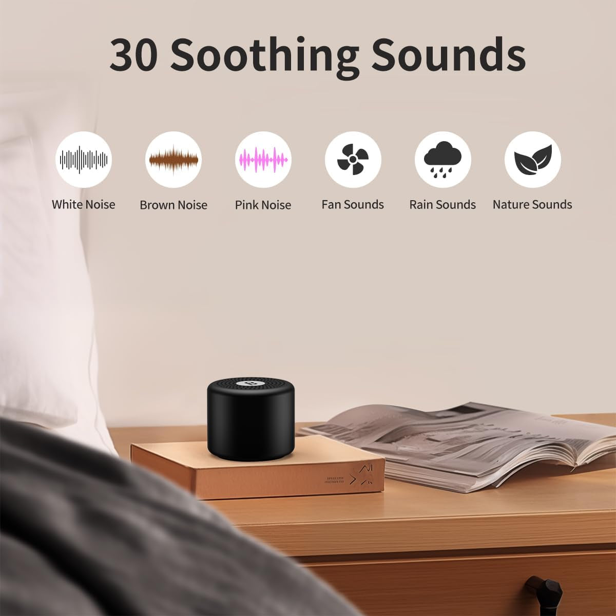 Portable White Noise Mini Sound Machine - 30 Soothing Sounds - Rechargeable - Noise-Canceling Speaker