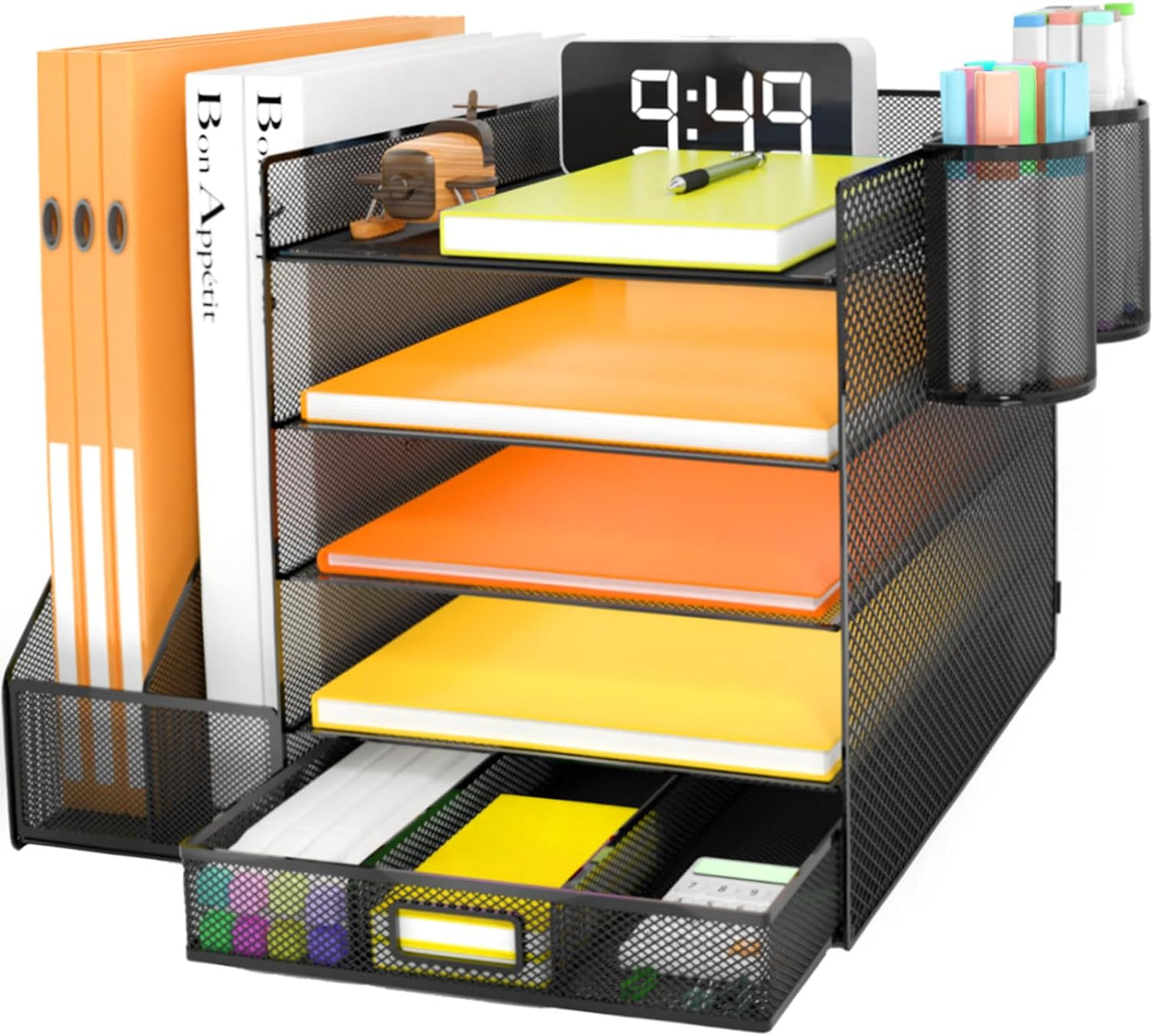 4-Tier Mesh Desk Organizer with File Holder, Drawer, and Pen Holders for Office Supplies