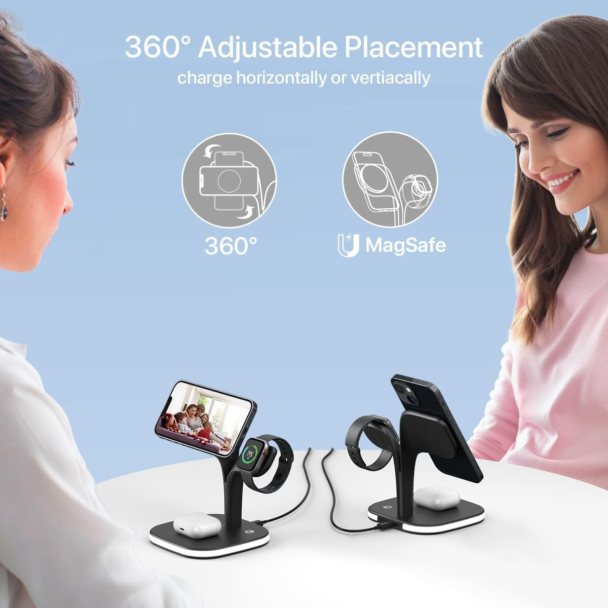 Wireless Charging Station for MagSafe-Compatible Devices - Multi-Device Charger for iPhone, iWatch Series, AirPods Pro - LED Indicator and Adapter (Black)