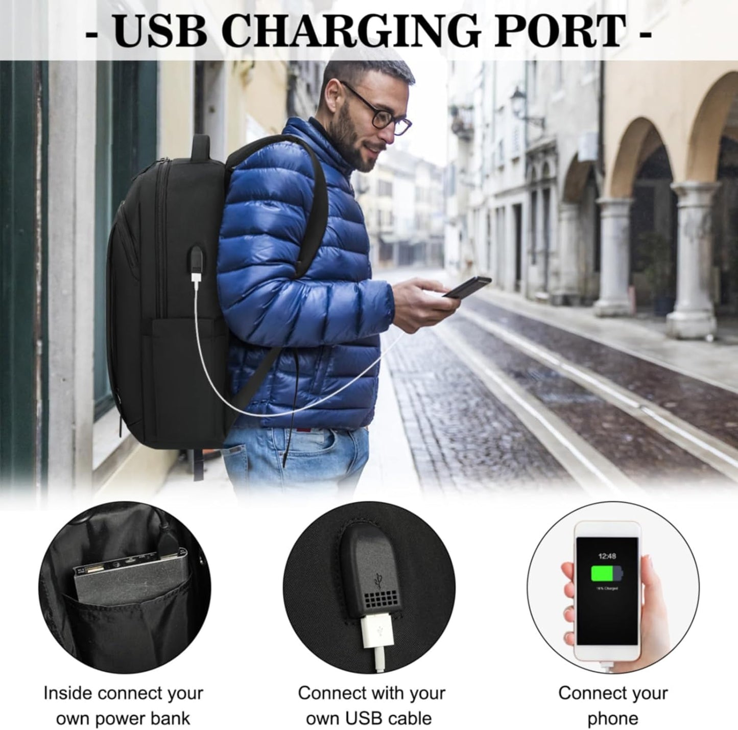 15.6-Inch Anti-Theft Laptop Backpack with USB Charging Port - Large Waterproof Travel Backpack for Work and School, Black
