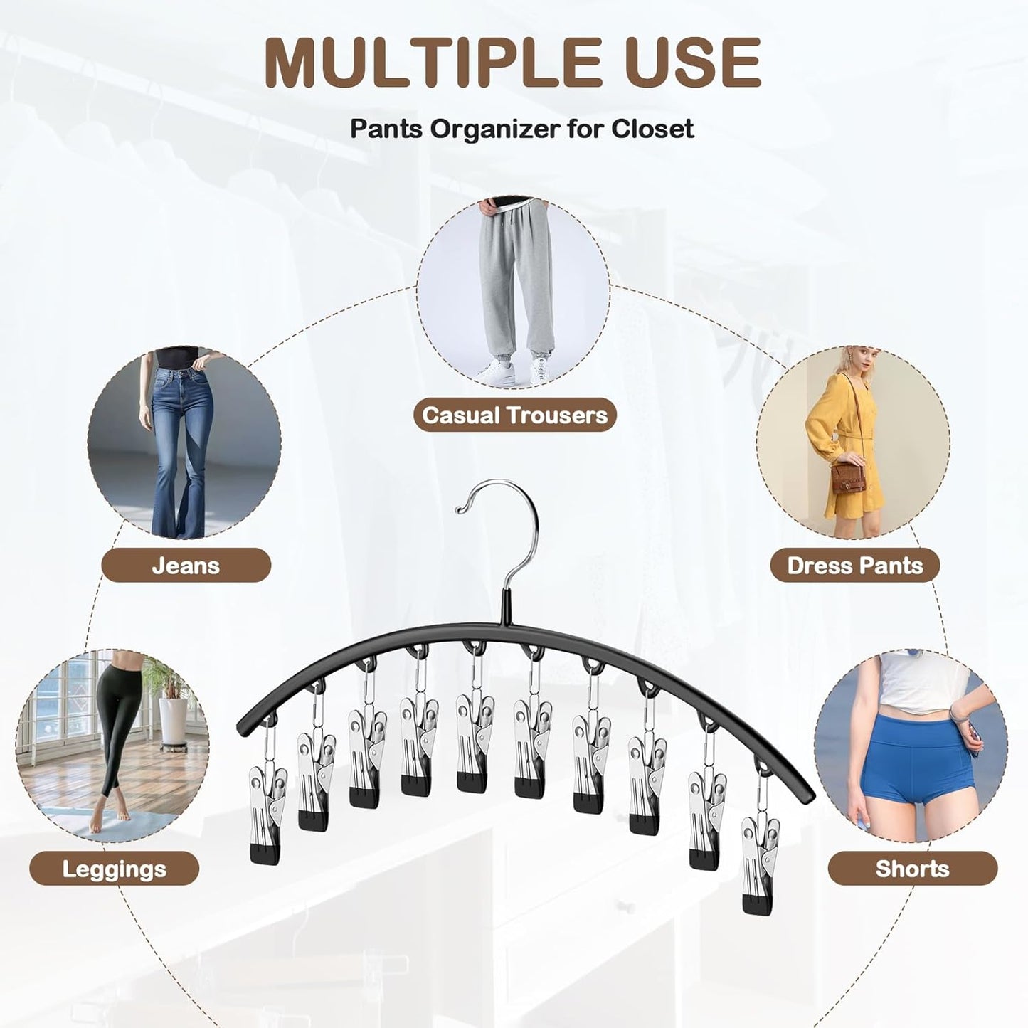 Legging Organizer - Metal Pants Hangers, 2 Pack with 10 Clips, Holds 20 Leggings, Space-Saving Closet Storage, Rubber Coated, Black
