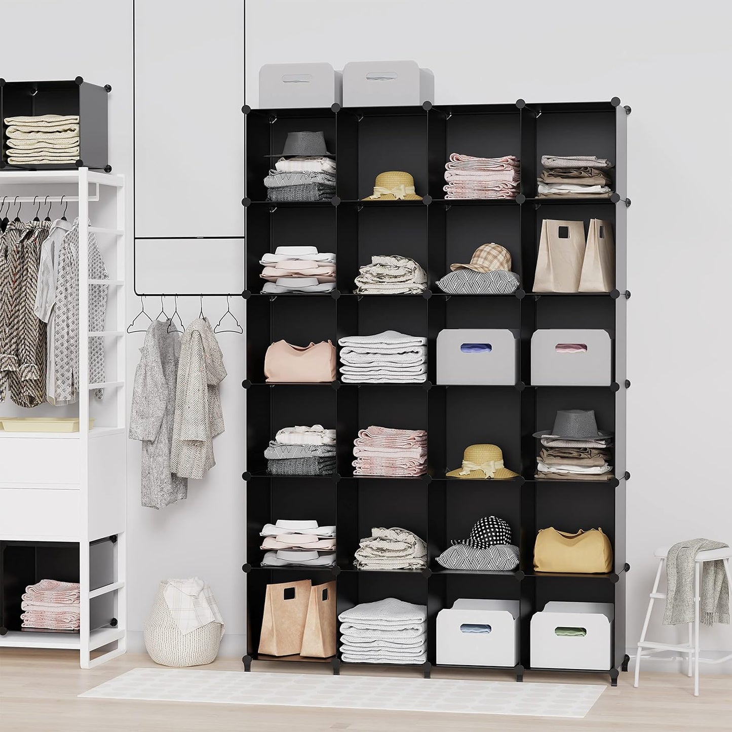 6-Cube Closet Organizer and Storage Shelf with Metal Hammer, Versatile Cabinet for Bedroom, Kitchen, and Closet, Black