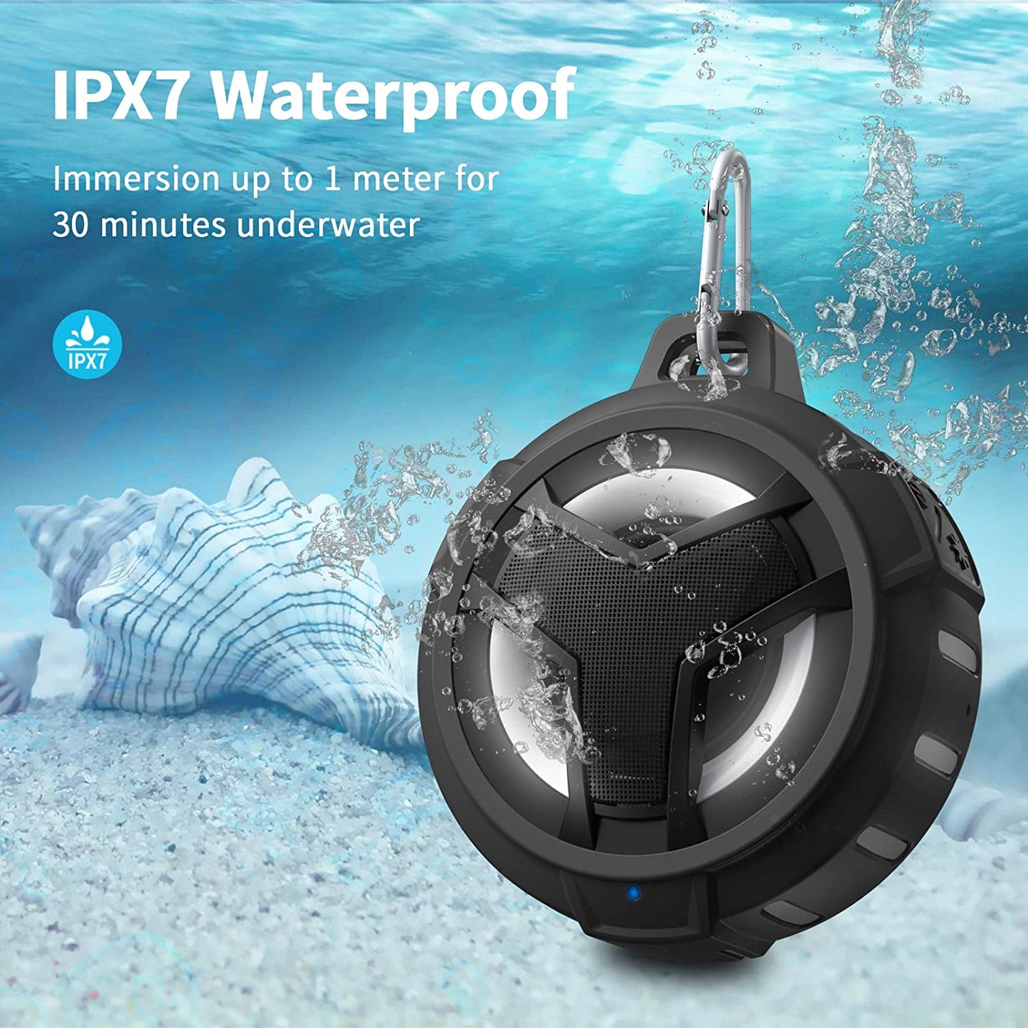 Bluetooth Shower Speaker - Portable IP67 Waterproof Wireless Speaker with LED Light, Floating Design, 2000mAh Battery, True Wireless Stereo for Outdoor Activities - Black