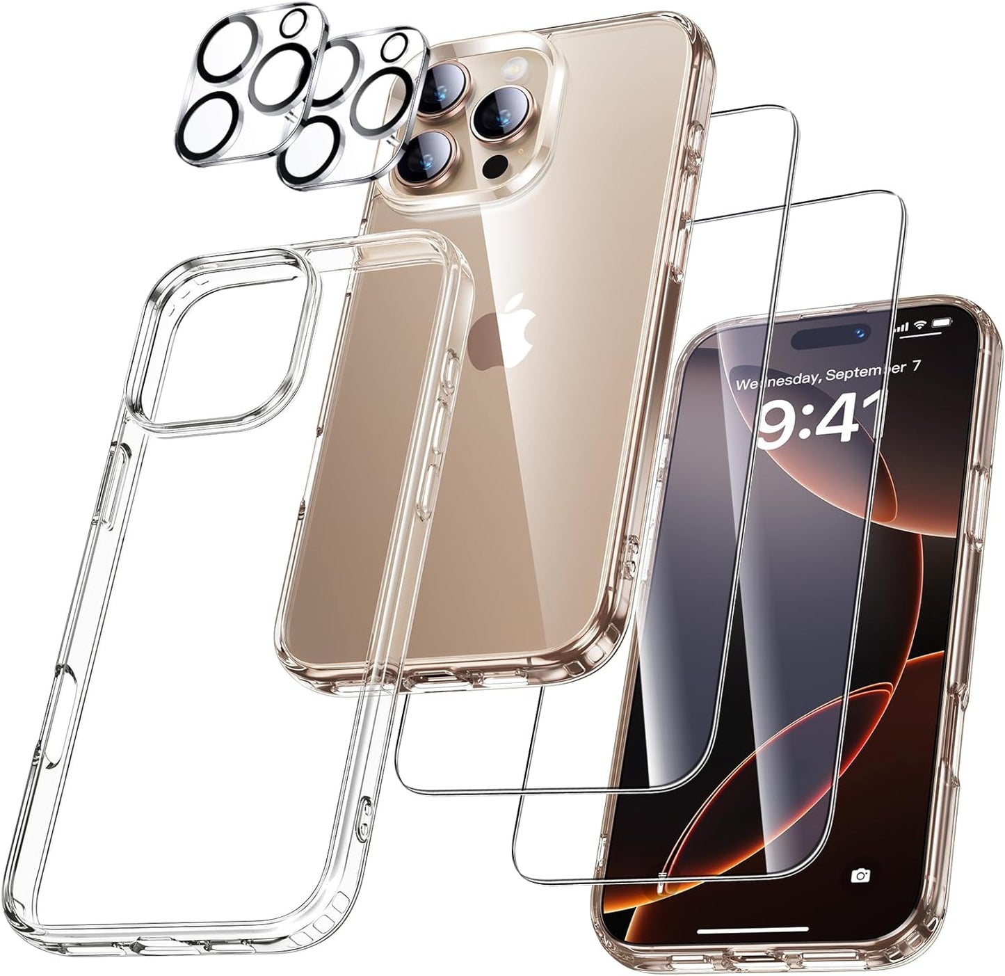 5-in-1 Case for iPhone 15 Pro Max - 2 Tempered Glass Screen Protectors - 2 Camera Lens Protectors, Shockproof, Anti-Scratch - Clear