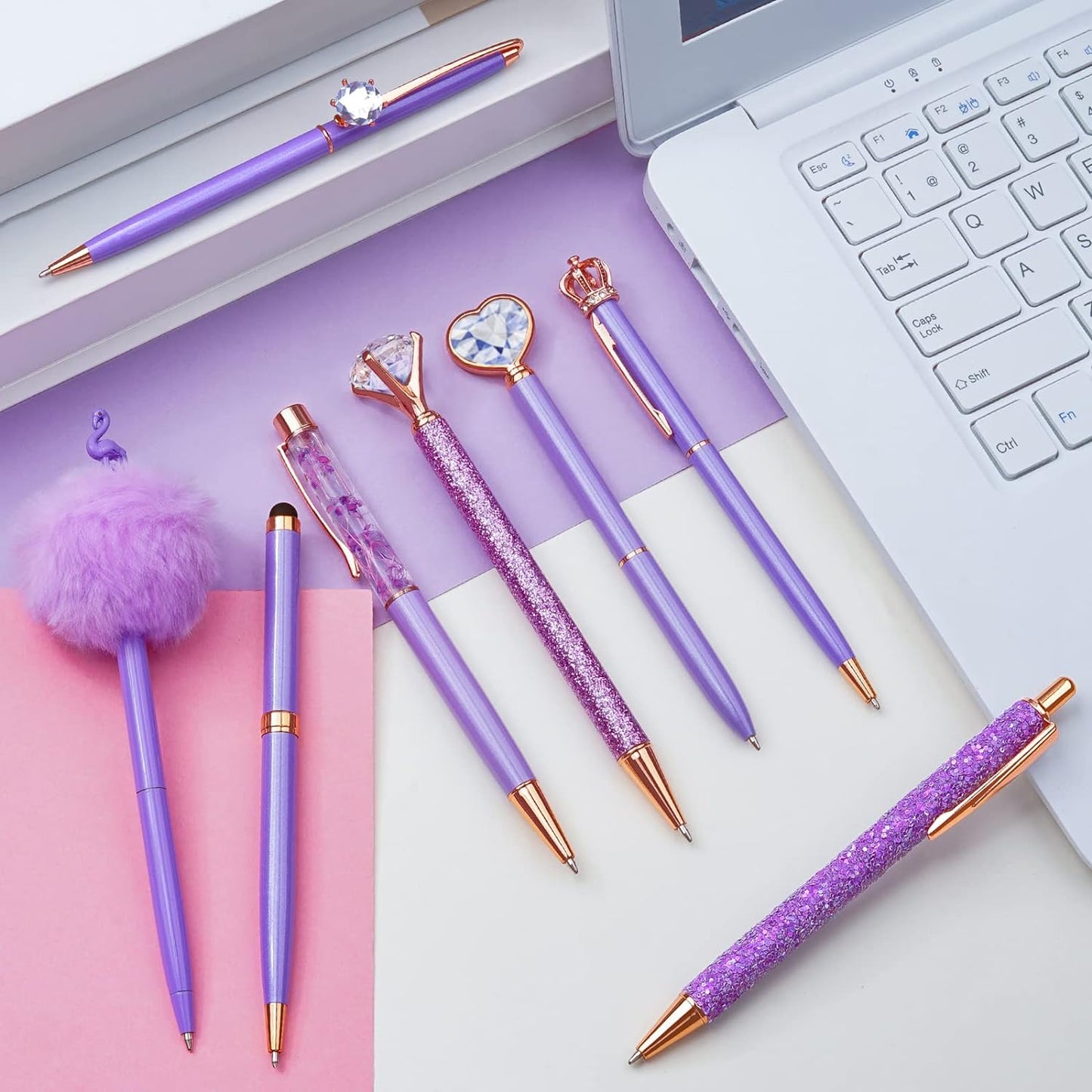 8Pcs Ballpoint Pens Set Purple Pens Set Purple Ballpoint Pen Bling in Black & Blue Ink Metal Crystal Diamond Pen for Journaling Glitter Fancy Pens Gifts for Women Wedding Office