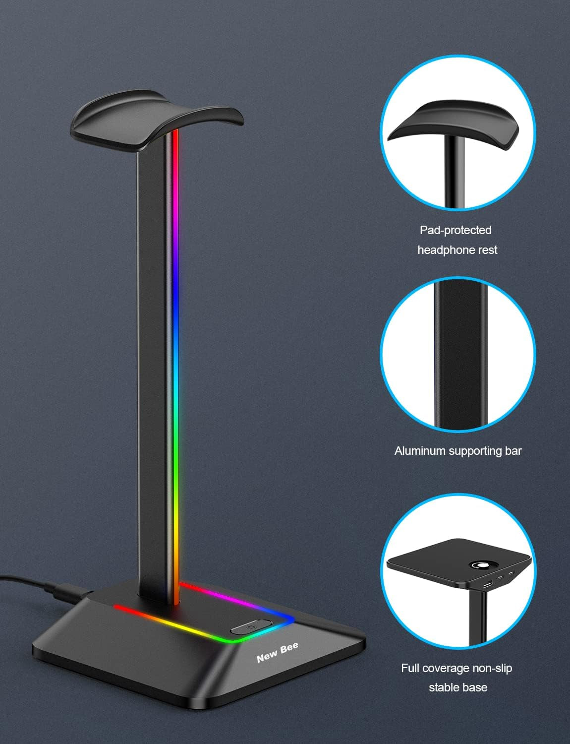RGB Headphone Stand with Dual USB Charging Ports and 7 Lighting Modes for Gaming Headsets and Earphone Accessories