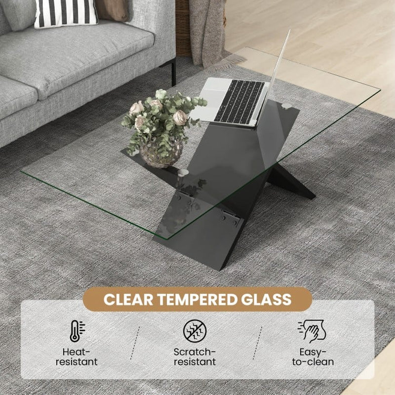 47-Inch Modern Rectangle Glass Coffee Table with Tempered Glass Top