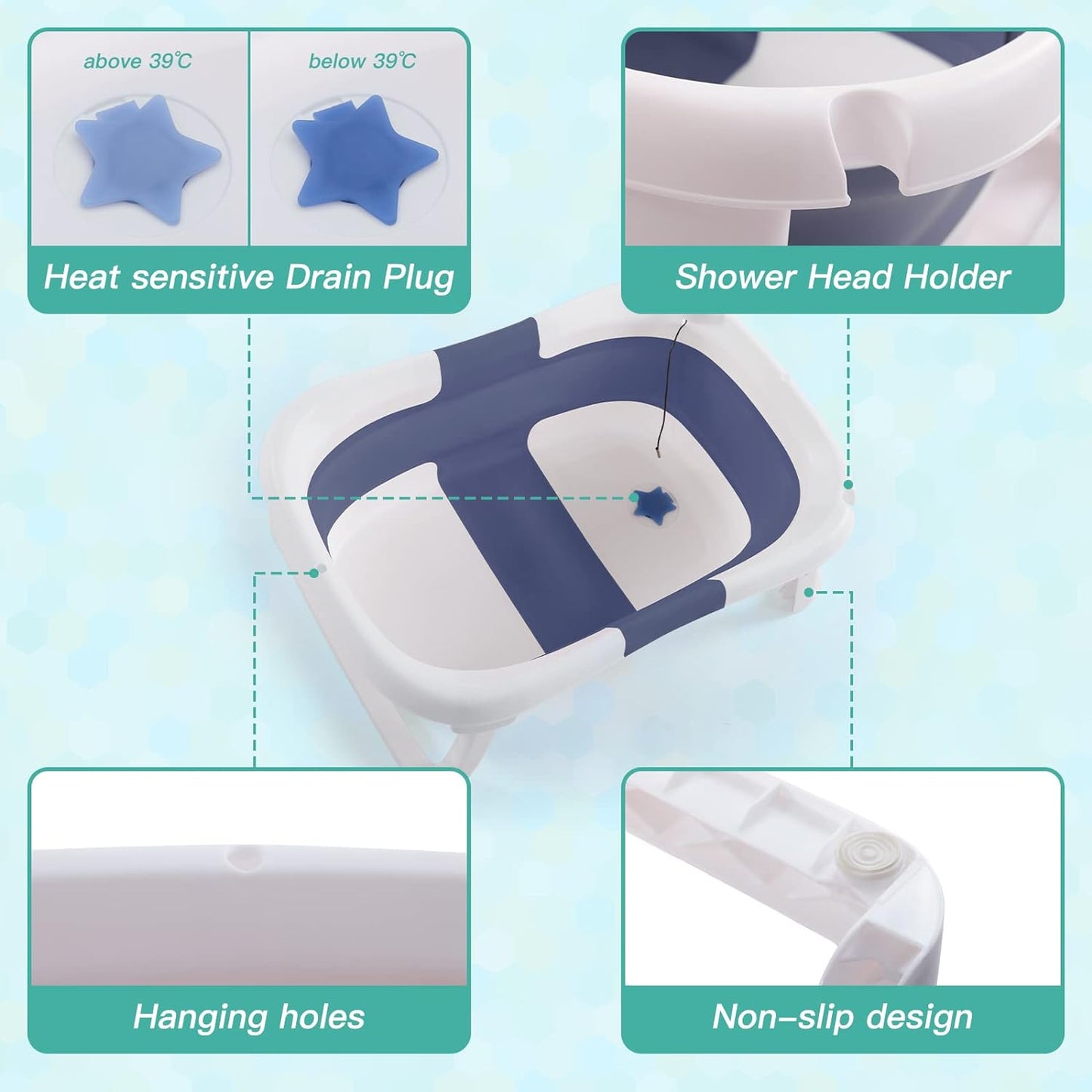 Portable Foldable Baby Bathtub - Travel Design, Drain Hole, Collapsible, Baby Bath Cushion, Waterproof Ear Cap