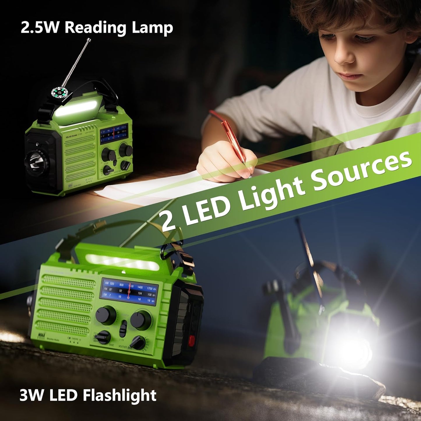 5-Way Powered Emergency Weather Radio Solar Charging, Hand Crank, USB Charger - 5000 Rechargeable, Radio, SOS Alarm, LED Camping Flashlight, Reading Lamp, Headphone Jack, Compass