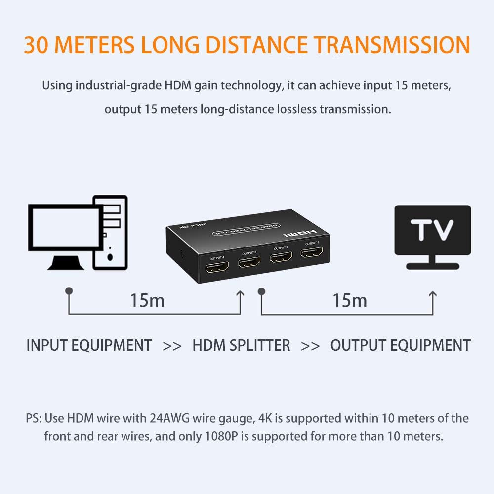 HDMI Splitter 1x4 - Supports 4K@60Hz, Full HD 1080P & 3D, Compatible with Xbox, PS3/4, Roku, and Blu-Ray Players