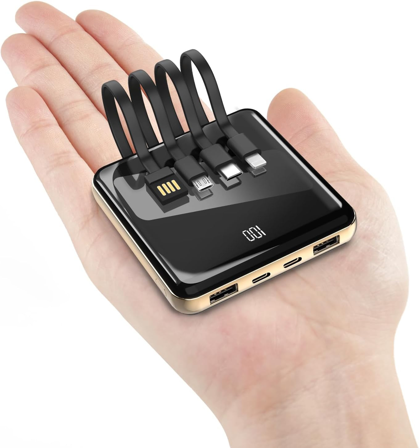 10000mAh Slim Portable Charger with Integrated Cables and LED Display - Versatile External Battery Pack with 4 Inputs and 5 Outputs