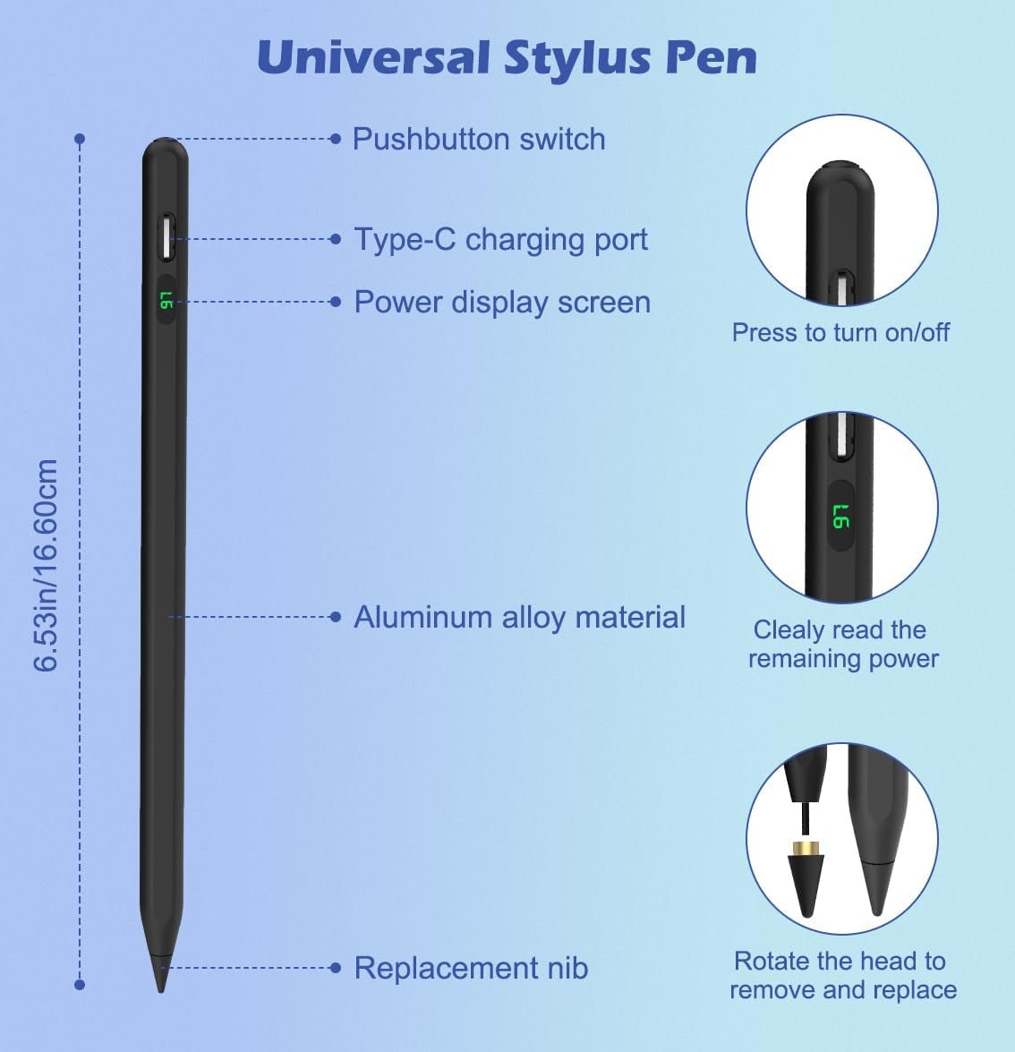 Universal Capacitive Stylus Pen for Touch Screens - Fast Charging Stylus for Apple iPad, iPhone, Samsung, Black