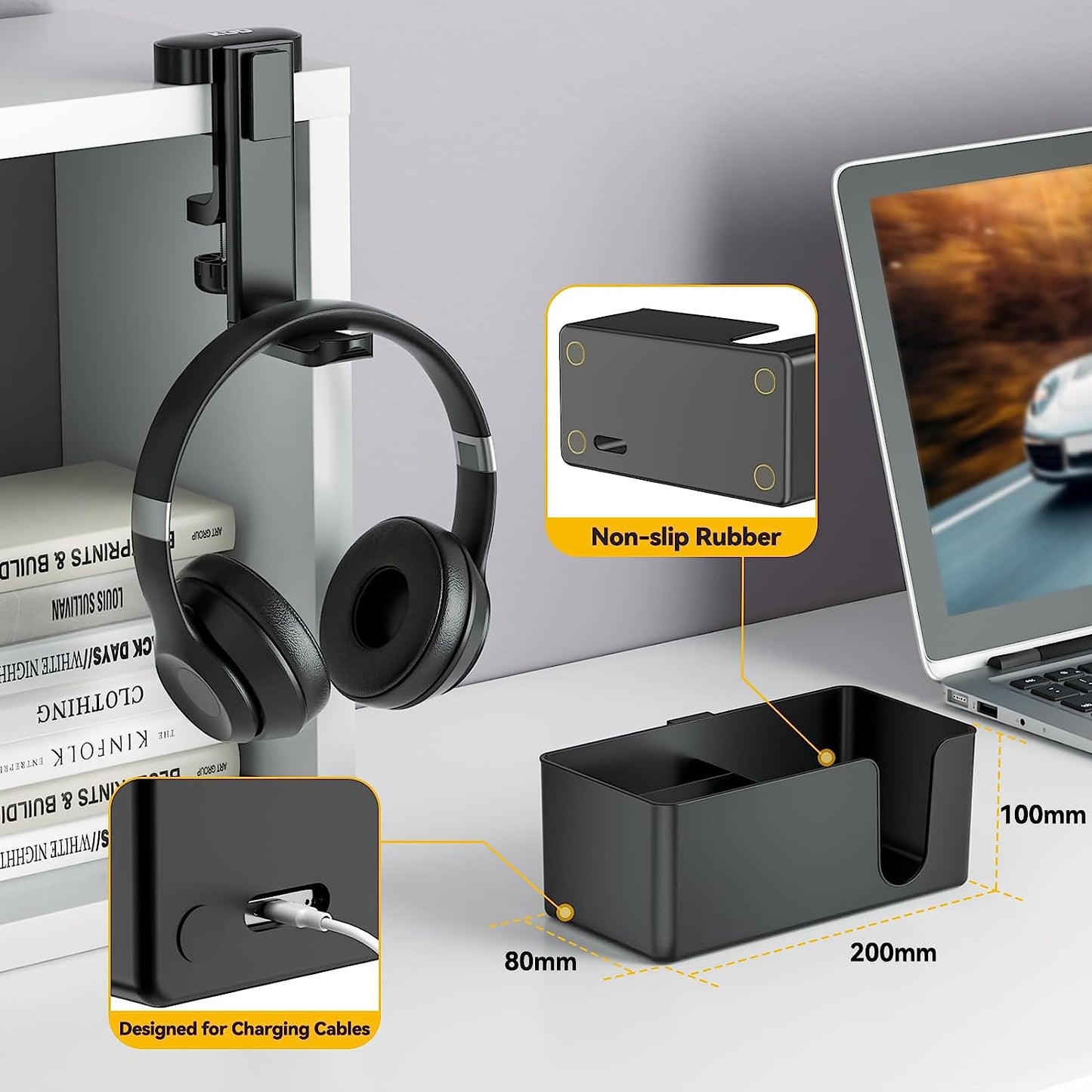 4-in-1 Desk Organizer with Under-Desk Headphone Hook, Dual Wire Holes, Rotating Headphone Hanger, Detachable Storage (Black)