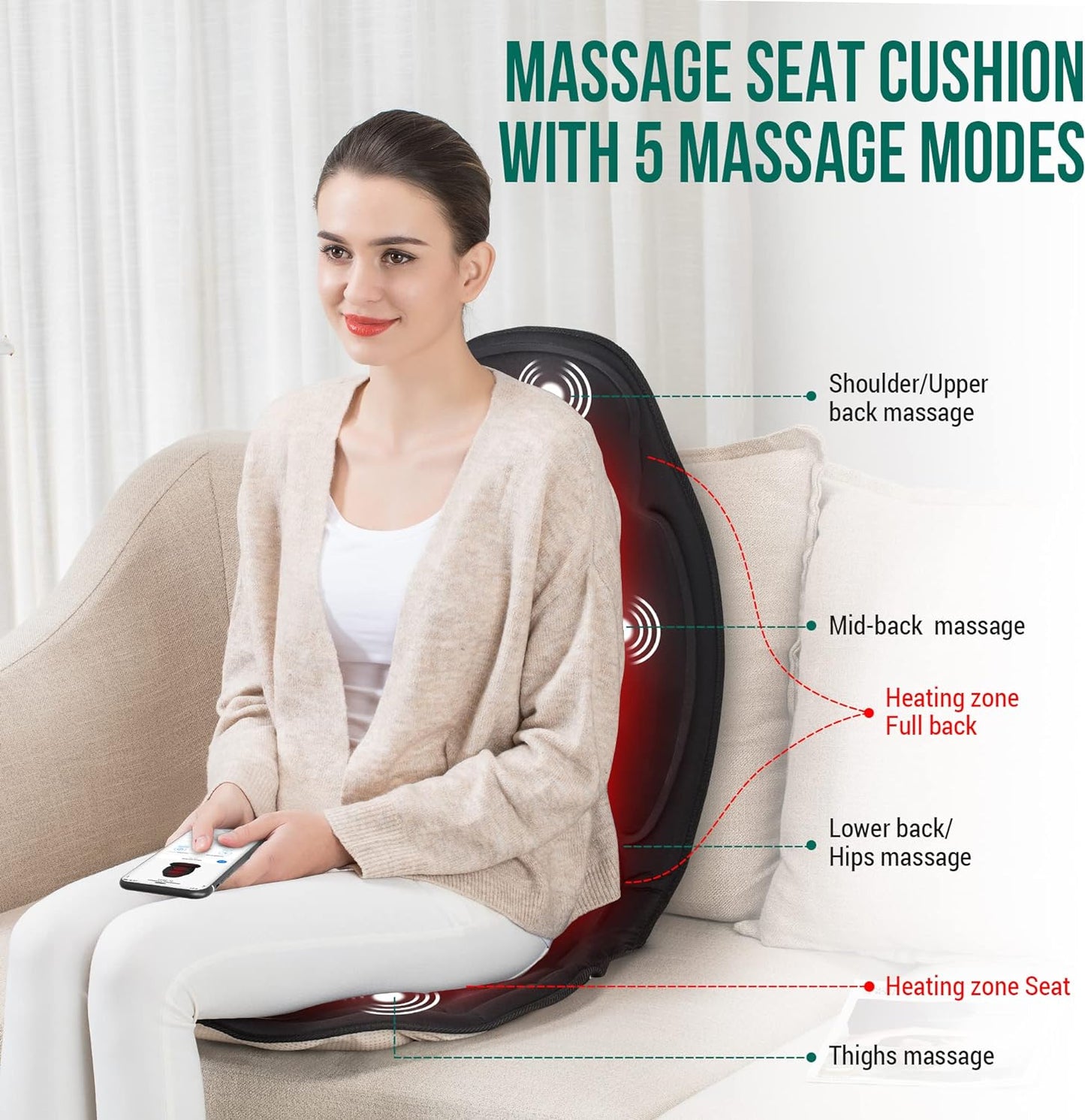 Vibrating Massage Seat Cushion with Heat - 6 Motors and 2 Heat Settings, Back Massager Pad, Ideal Gift for Parents