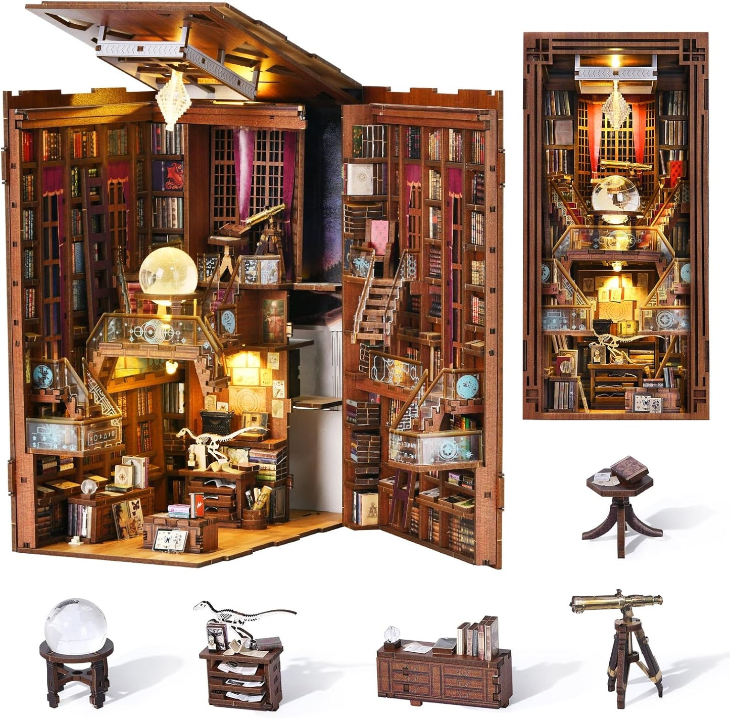Book Nook Kit, DIY Miniature Dollhouse Booknook Kit, 3D Wooden Puzzle Bookend Bookshelf Insert Decor with LED Light for Teens and Adults (Beyond Library)