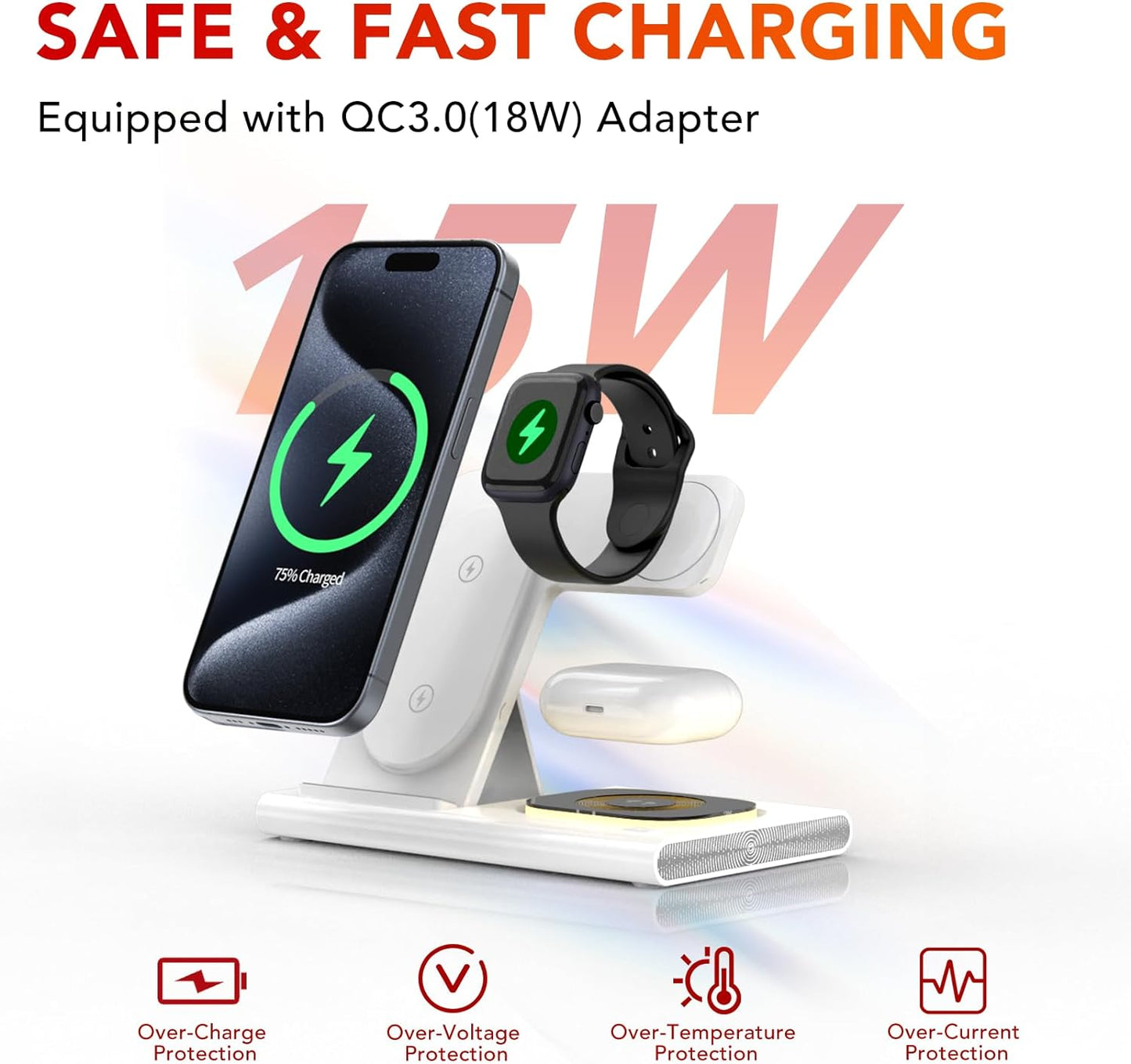 3-in-1 Foldable Wireless Charging Station for Apple Devices - Compatible with iPhone 11-16 Series, iWatch, and AirPods (White)