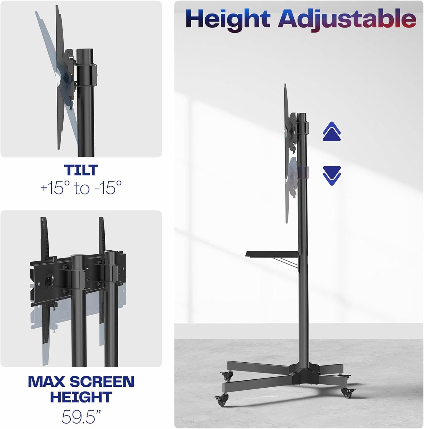 Mobile TV Cart for 32 to 83 Inch Screens, Supports Up to 110 lbs for Flat and Curved Panels, Rolling Stand with Shelf, Locking Wheels, VESA 600x400, Black