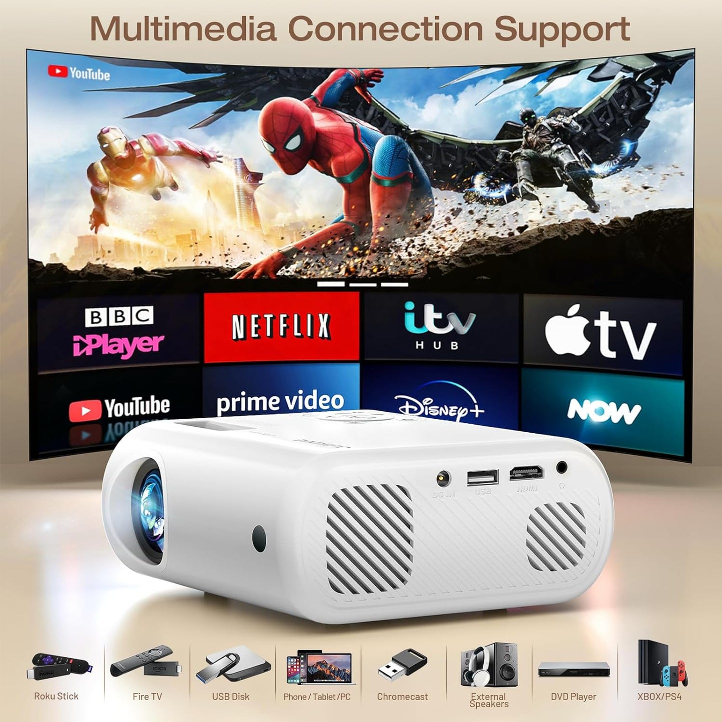 Portable Mini Projector 2024 - 9000 Lux Full HD 1080P, Compatible with iOS, Android, Tablets, Laptops