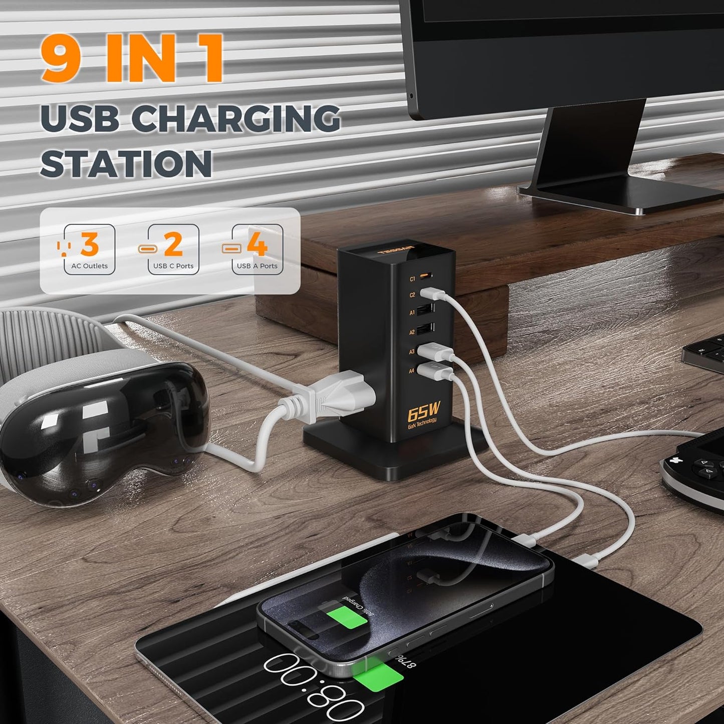 65W Multi-Device Charging Station: 6-Port GaN USB-C Charger with 3 Outlets for Phones, Tablets, and Travel Accessories