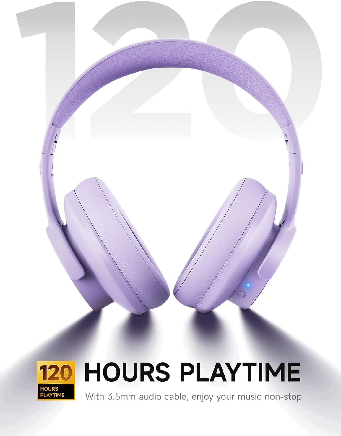 Wireless Bluetooth Headphones - 120 Hrs Battery Life, Over-Ear Design, 3 EQ Music Modes, Hands-Free Calling, Deep Bass (Purple)