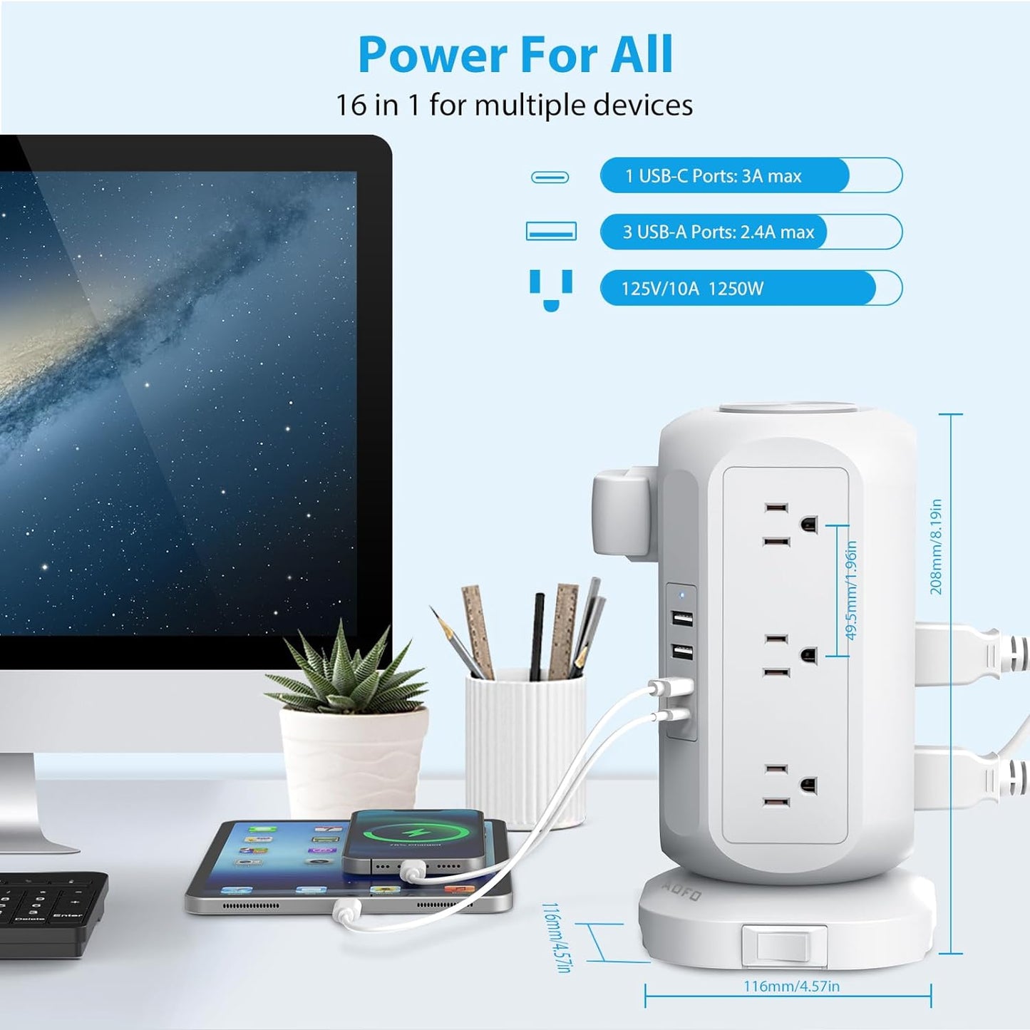 12-Outlet Tower Power Strip with 4 USB Charging Ports, Surge Protection, and 10ft Extension Cord – Ideal for Home, Dorm, and Office Use