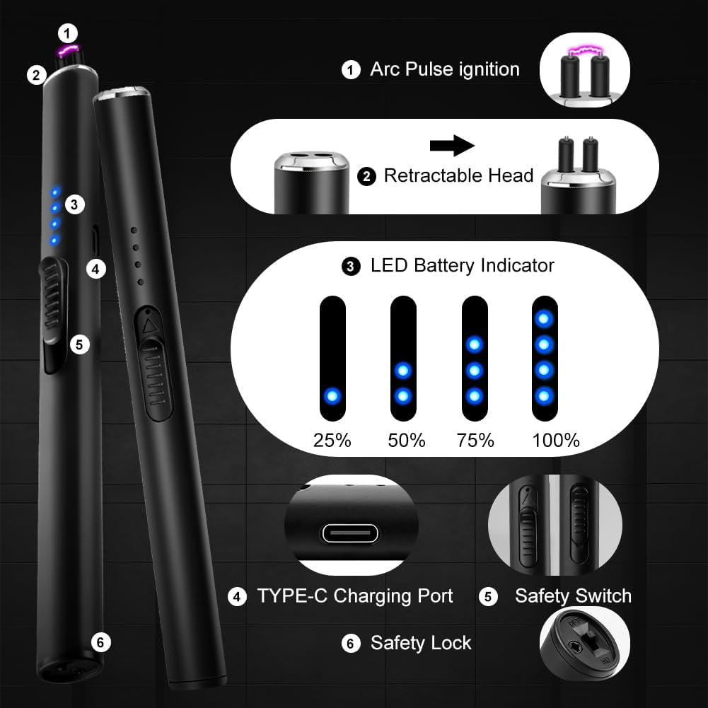 Electric Candle and BBQ Lighter - USB-C Rechargeable Flameless Plasma Arc Lighter, Windproof Electronic Lighter for Candles and Fireworks (Black)