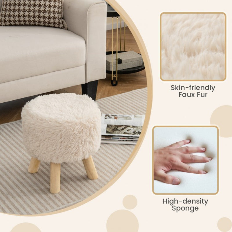 Round Faux Fur Ottoman Footstool with Padded Seat and Rubberwood Legs