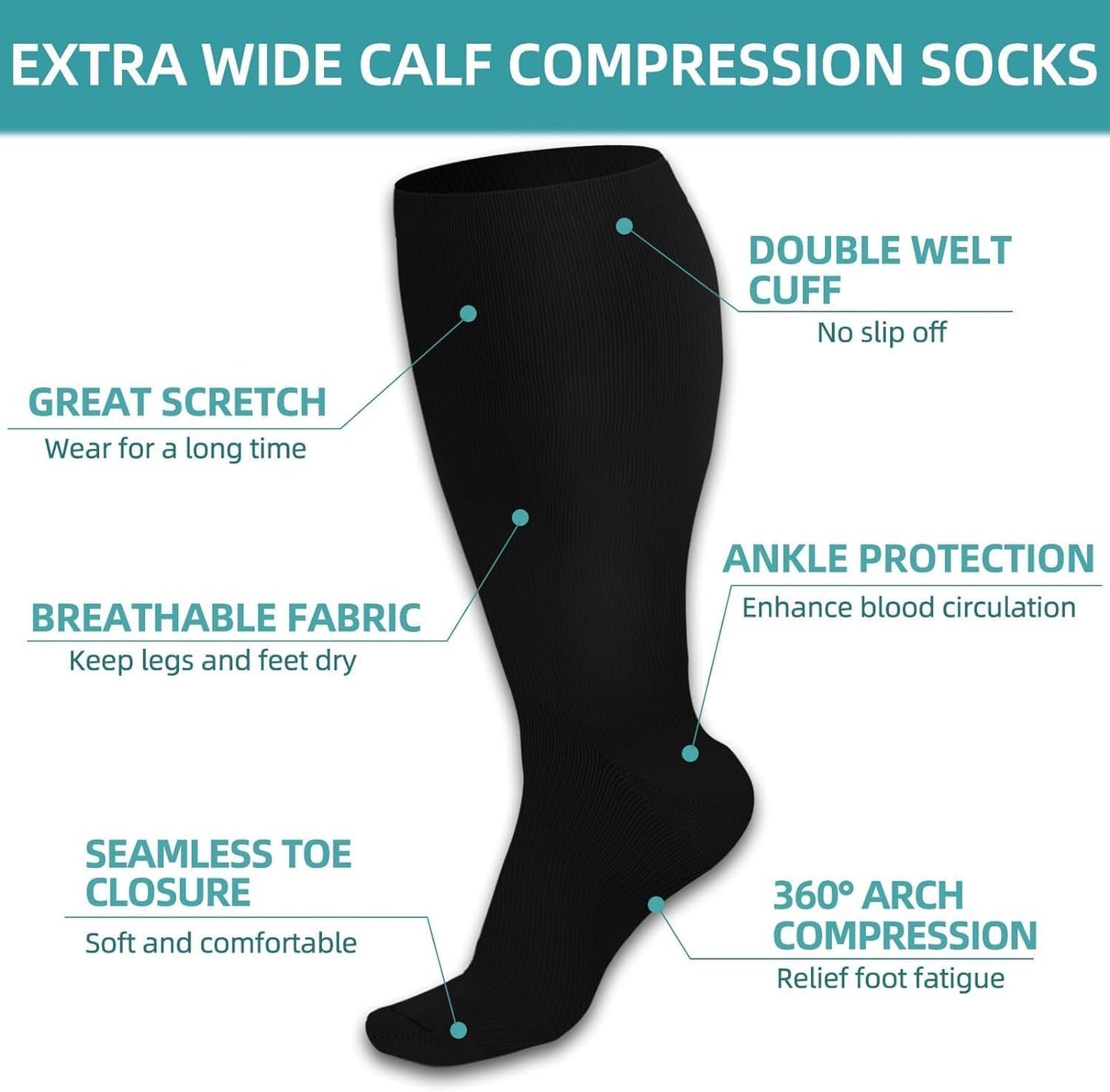 Plus Size Compression Socks (20-30 mmHg) for Men and Women, Extra Large Knee High Stockings for Wide Calves - 3 Pairs