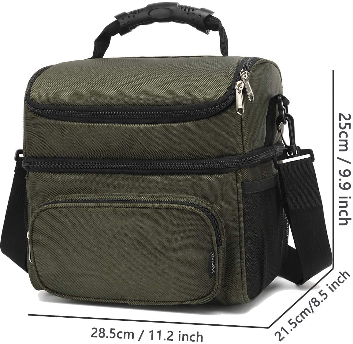 Insulated Adult Lunch Bag - Large Double Layer Cooler Tote with Adjustable Strap, Front Pocket, and Mesh Side Pockets in Army Green