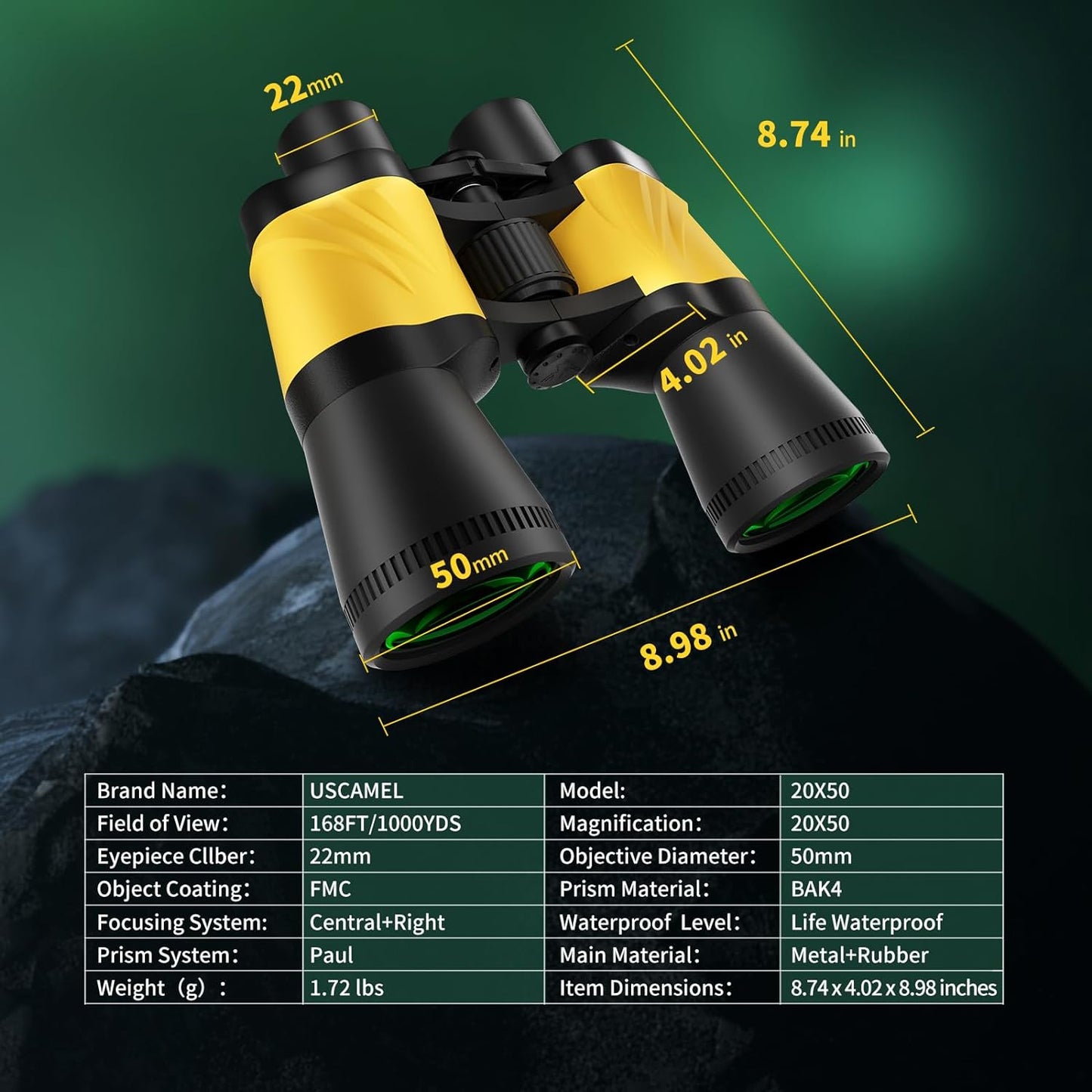 High-Power 20x50 Binoculars for Adults – Waterproof with BAK4 Prism and Multi-Layer Coated Lenses