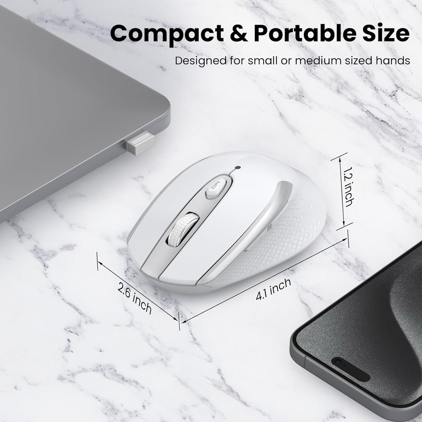 Ergonomic Wireless Mouse for Laptops - 2.4G Silent Optical USB Mouse with 6 Buttons, 3 Adjustable DPI Levels (White)