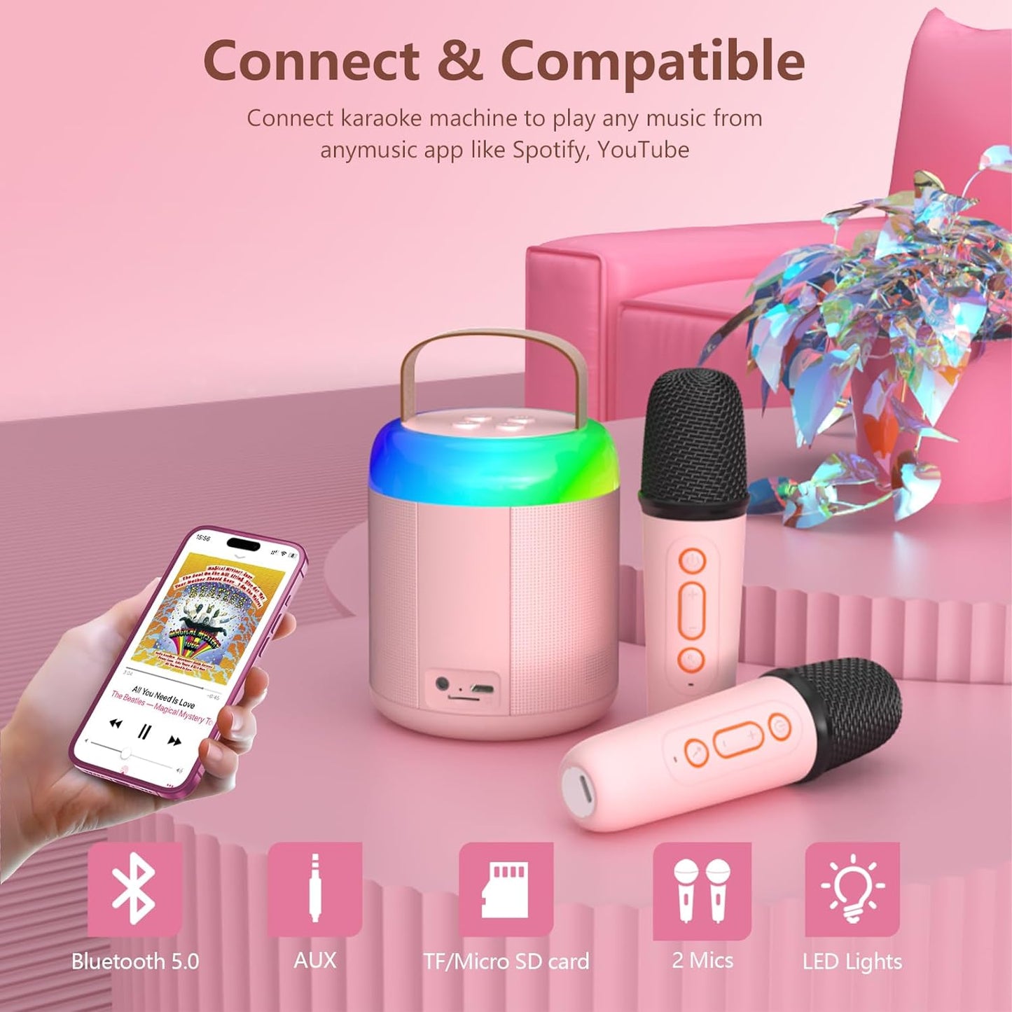 Portable Mini Karaoke Machine with Dual Wireless Microphones and LED Party Lights - Aged 4+