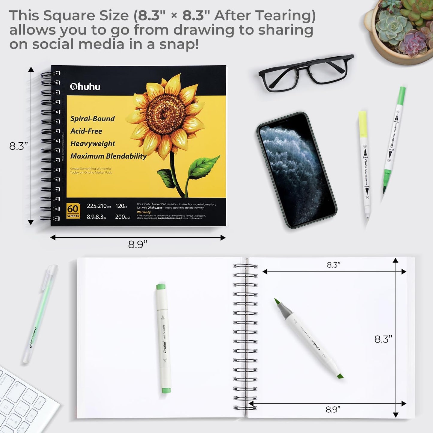 Alcohol Marker Paper Sketchbook - 8.9 x 8.3 Inch, 120 LB/200 GSM, 60 Sheets, Spiral Bound, Ideal for Alcohol Markers